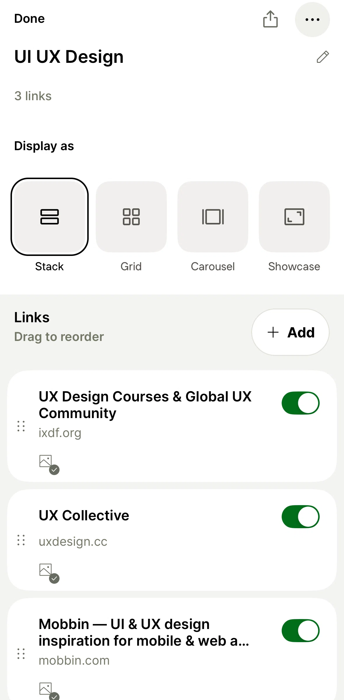 Linktree Screen screen in the Switching collection display (grid) flow