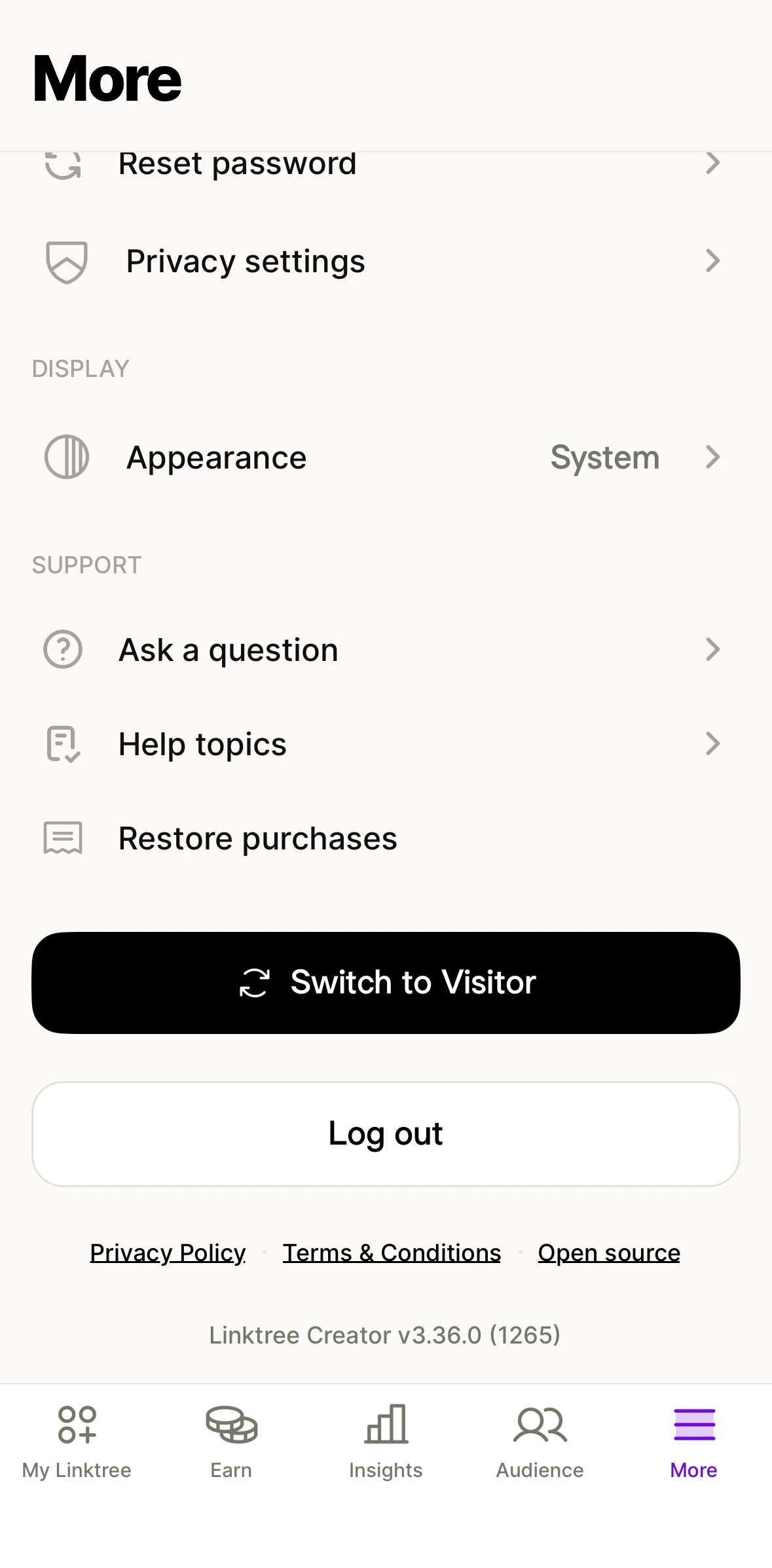 Linktree Screen screen in the Switching to visitor flow
