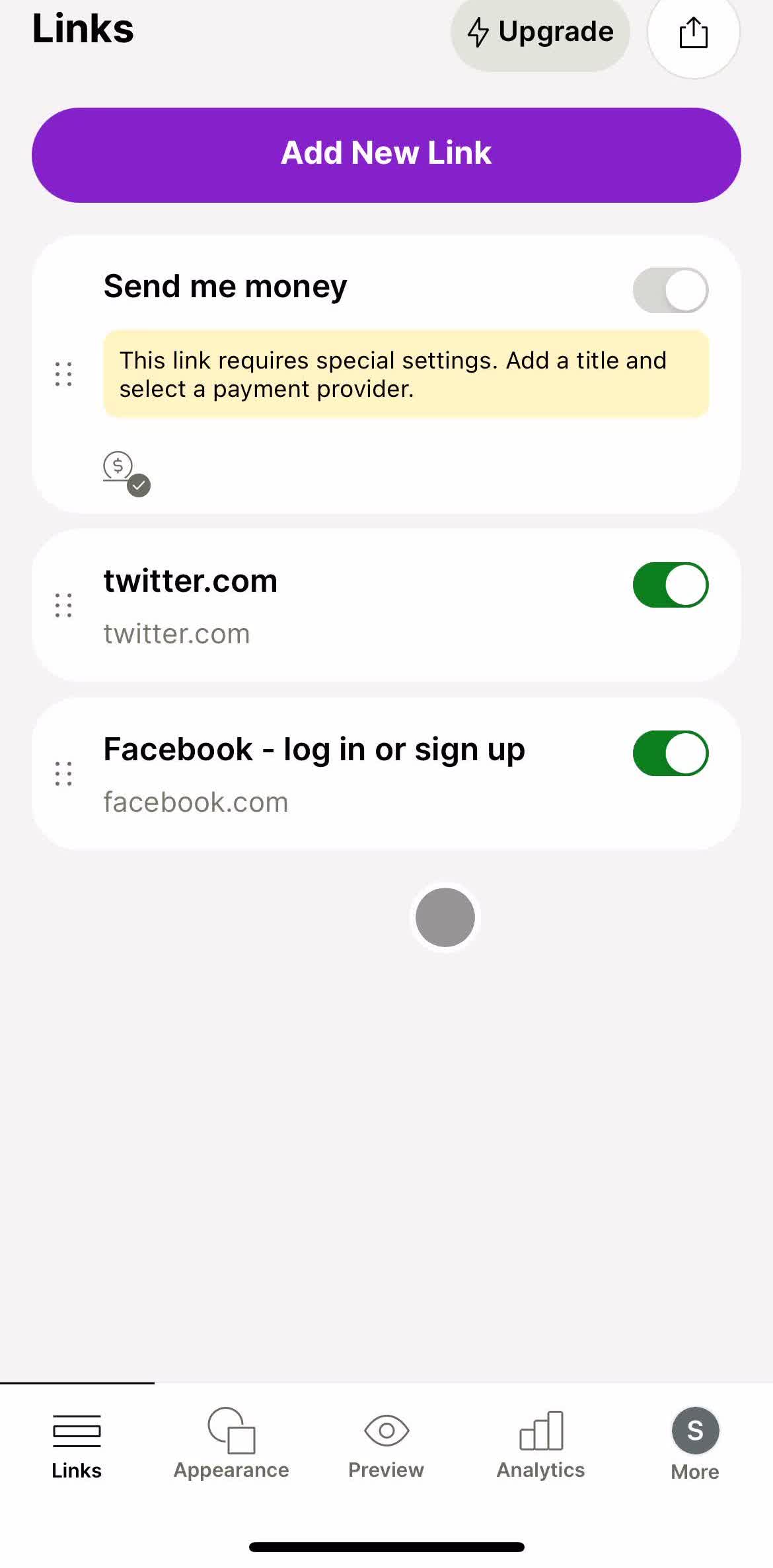 Linktree Links screen in the Upgrading Your Account flow