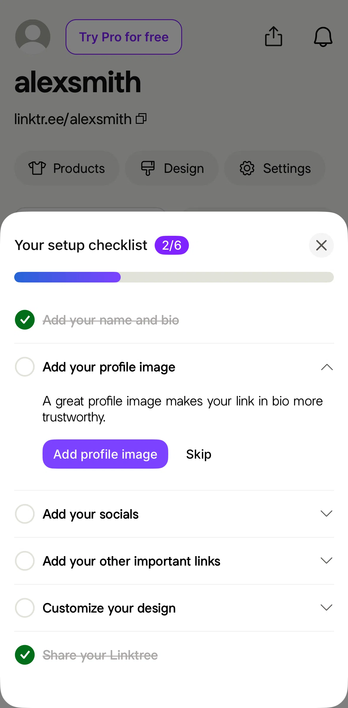 Linktree Screen screen in the Uploading a profile image flow