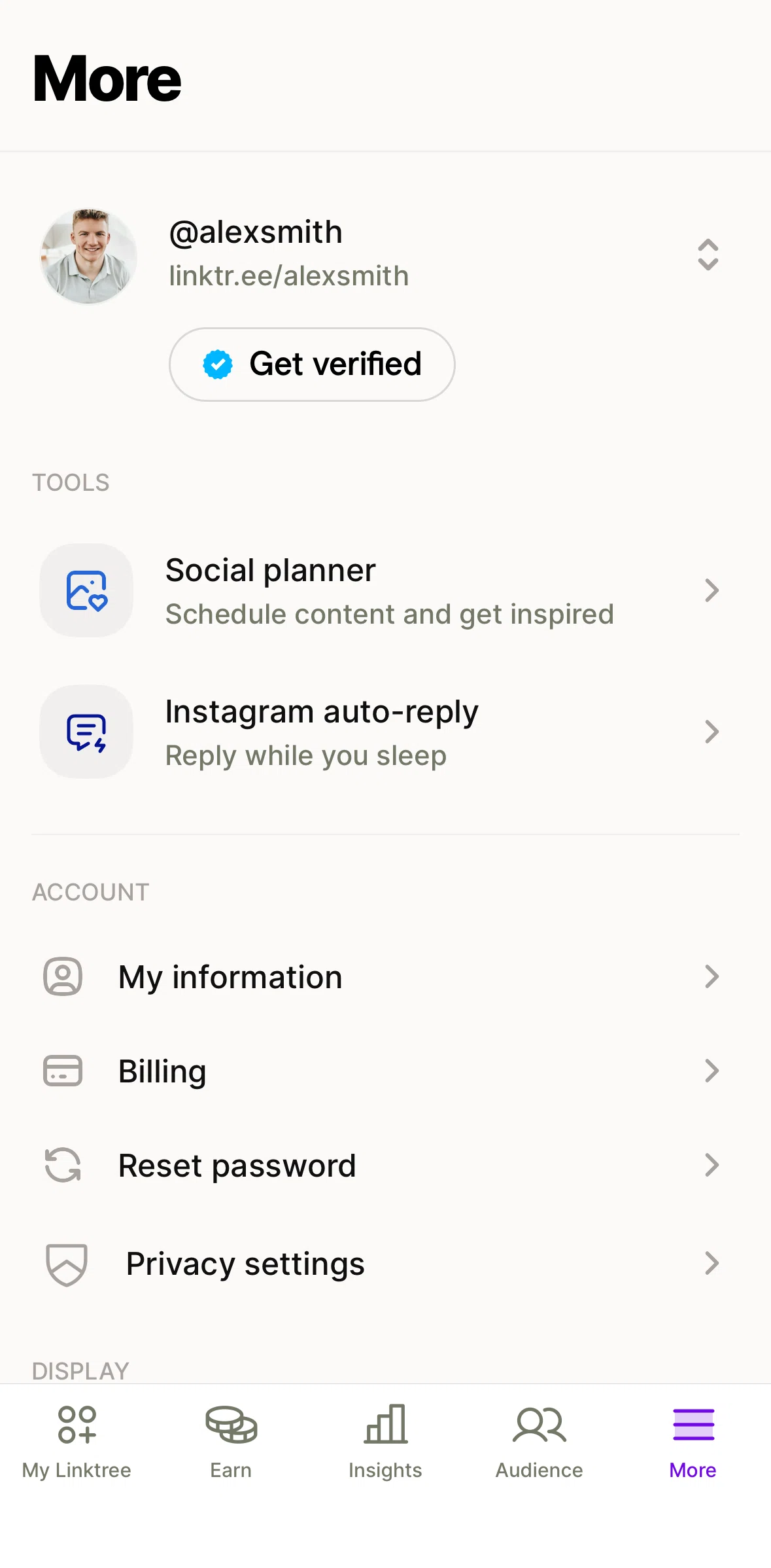 Linktree Screen screen in the Verifying an account flow