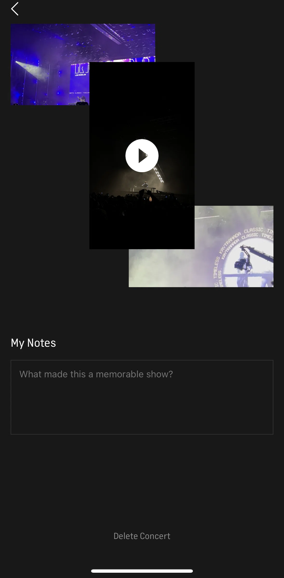 Live Nation Screen screen in the Adding notes flow