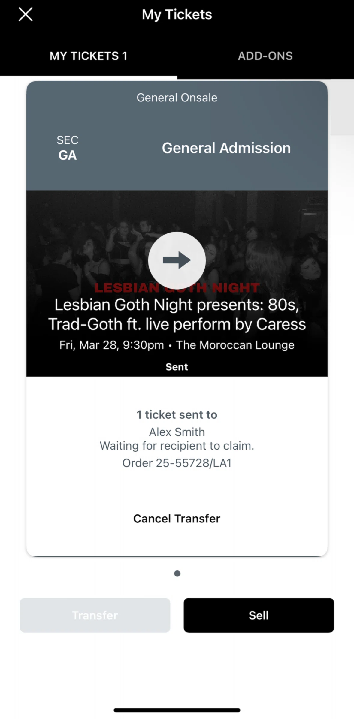 Live Nation Screen screen in the Cancelling ticket transfer flow
