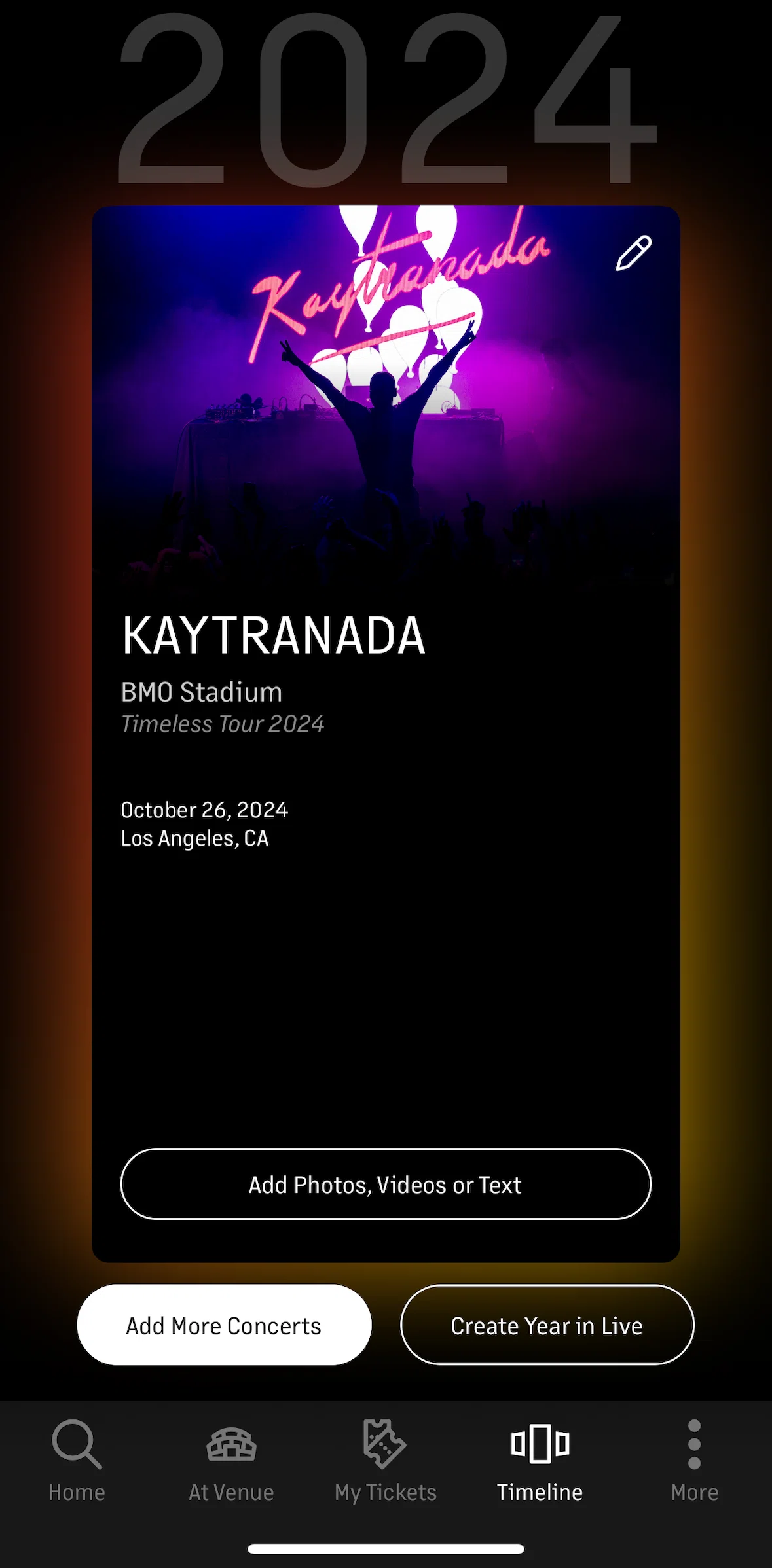 Live Nation Screen screen in the Creating year in live flow
