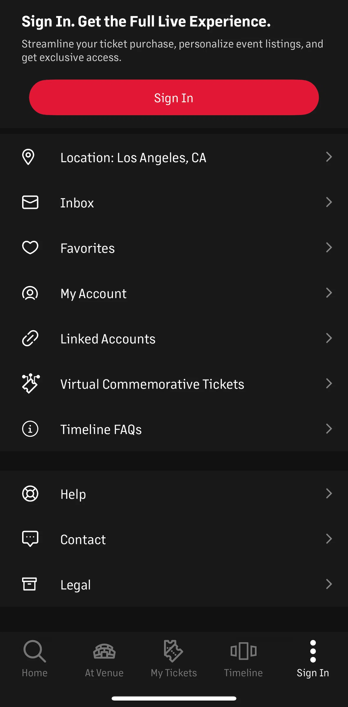 Live Nation Screen screen in the Logging in flow