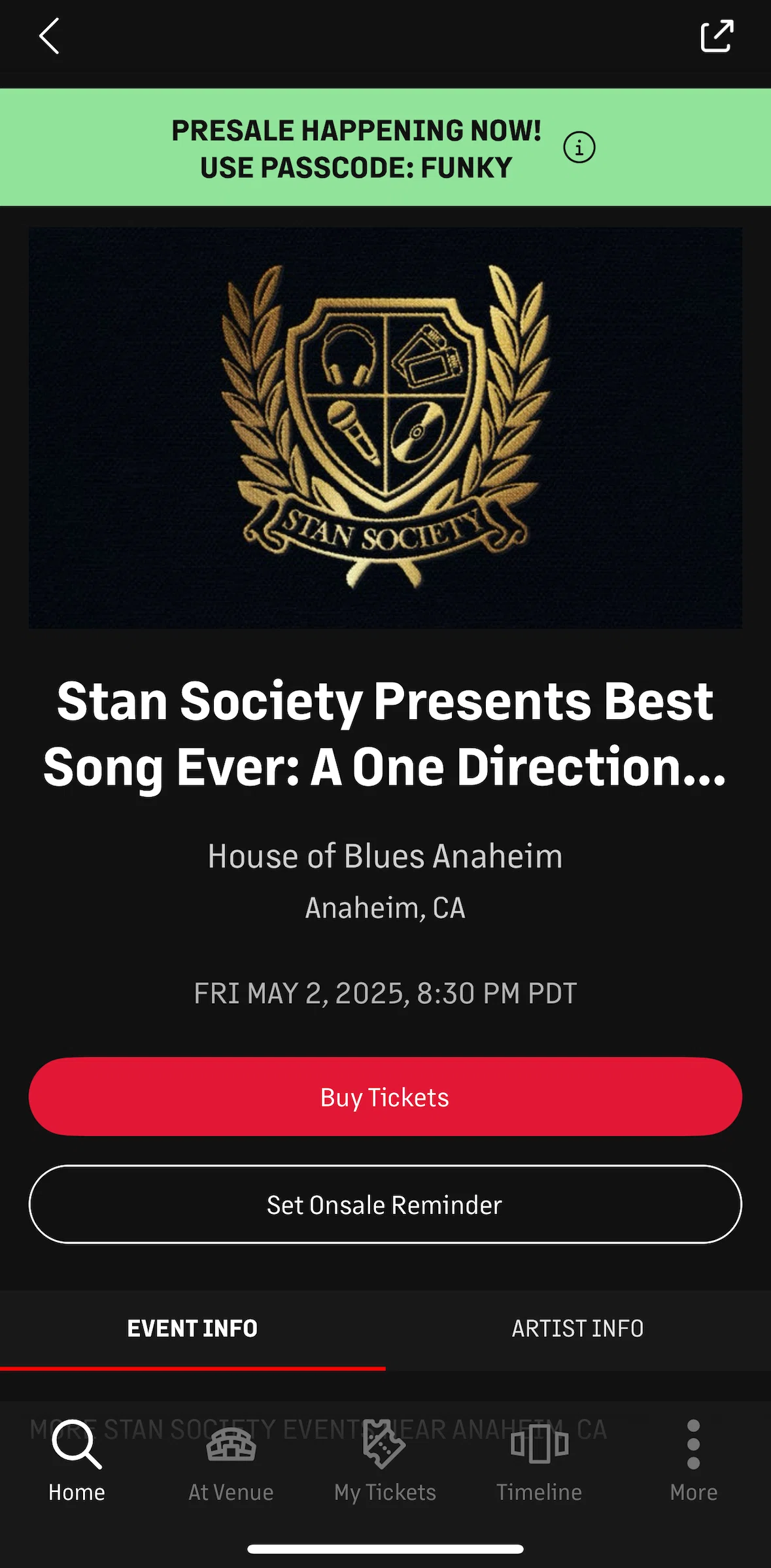 Live Nation Screen screen in the Presale details flow
