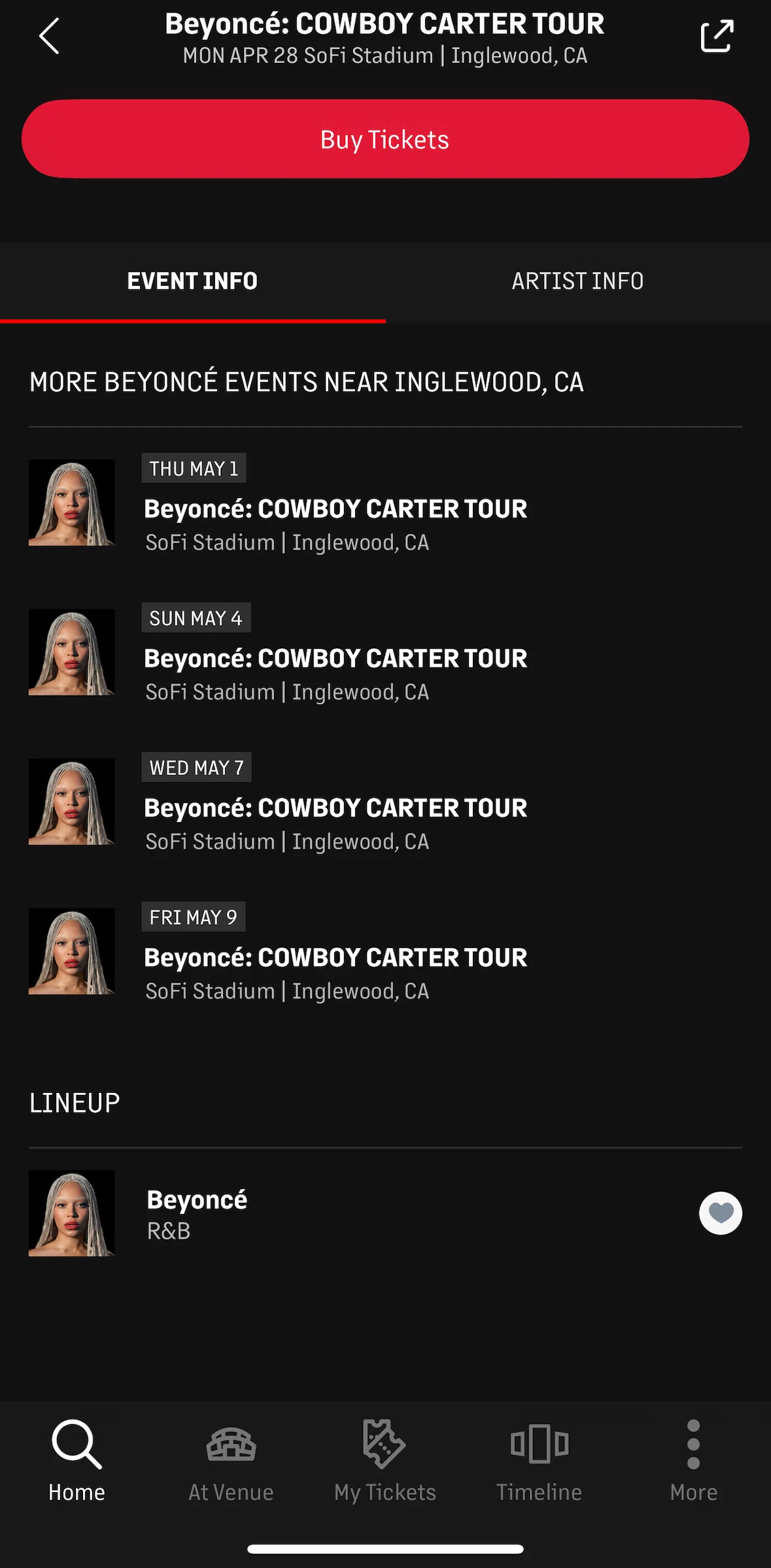 Live Nation Screen screen in the View artist info flow