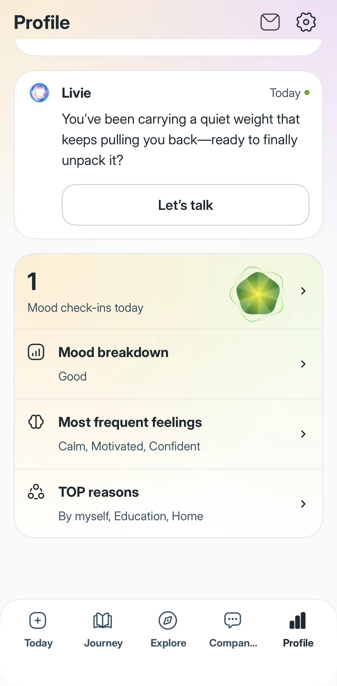 Liven Screen screen in the Reasons for your mood flow