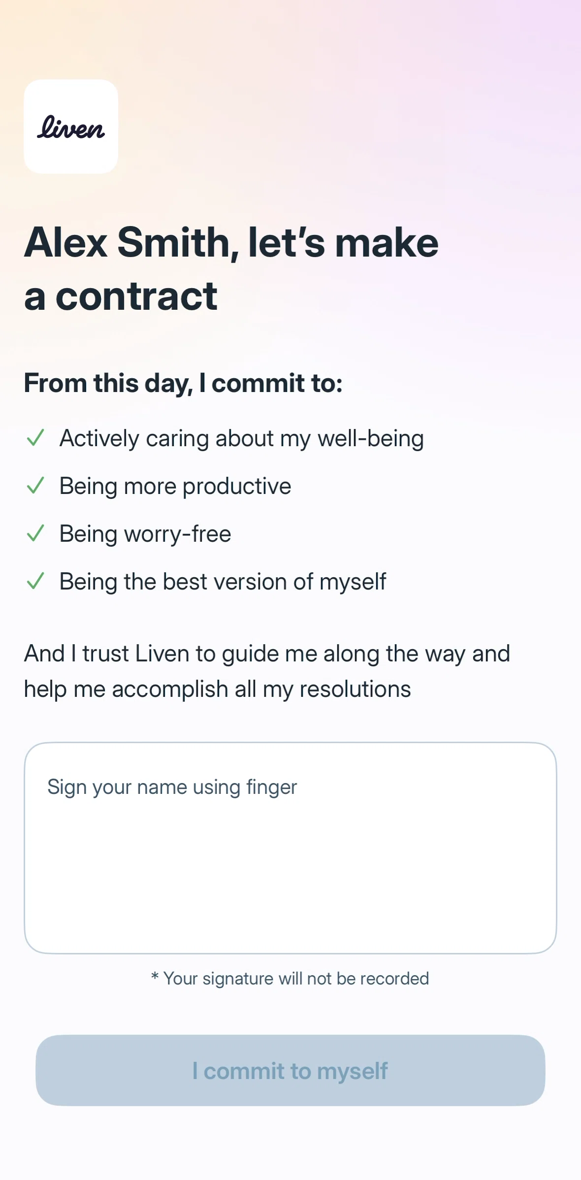 Liven Screen screen in the Signing a contract flow