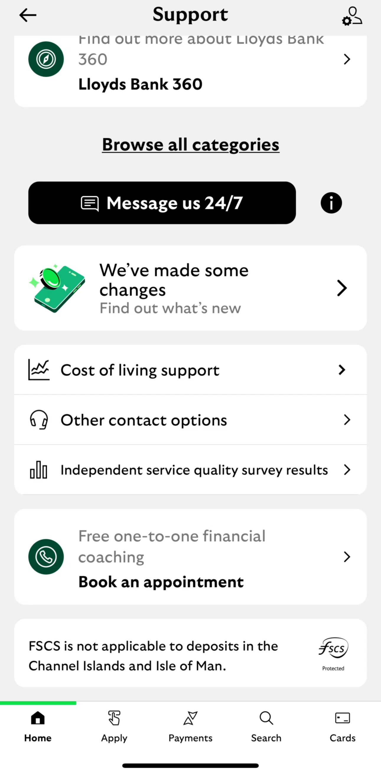 Lloyds Mobile Banking Screen screen in the Other contact options flow