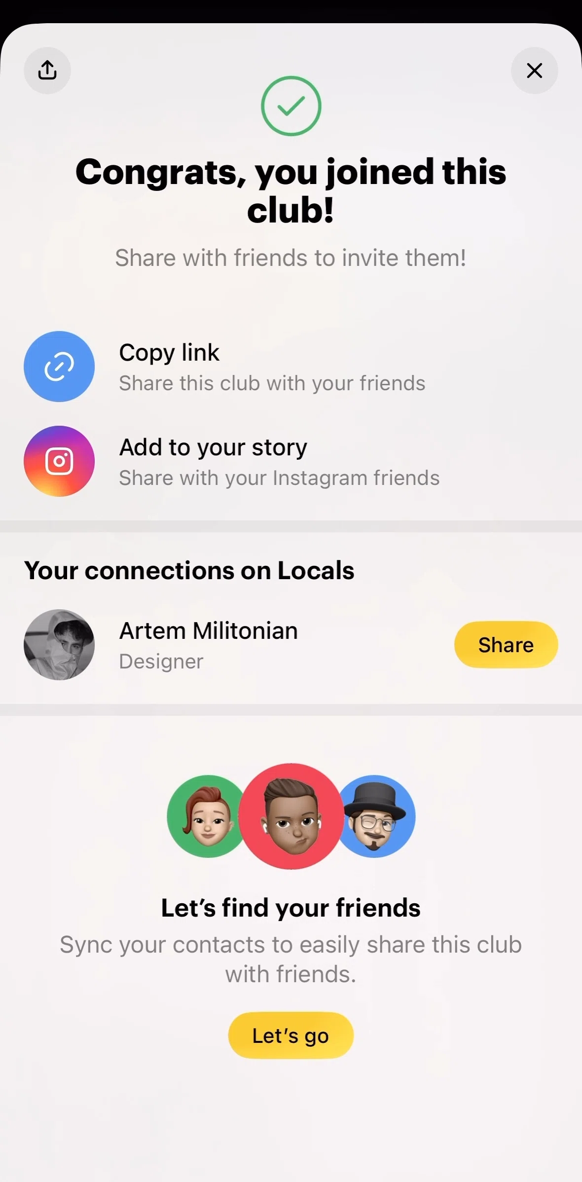 Locals Screen screen in the Copying a link flow