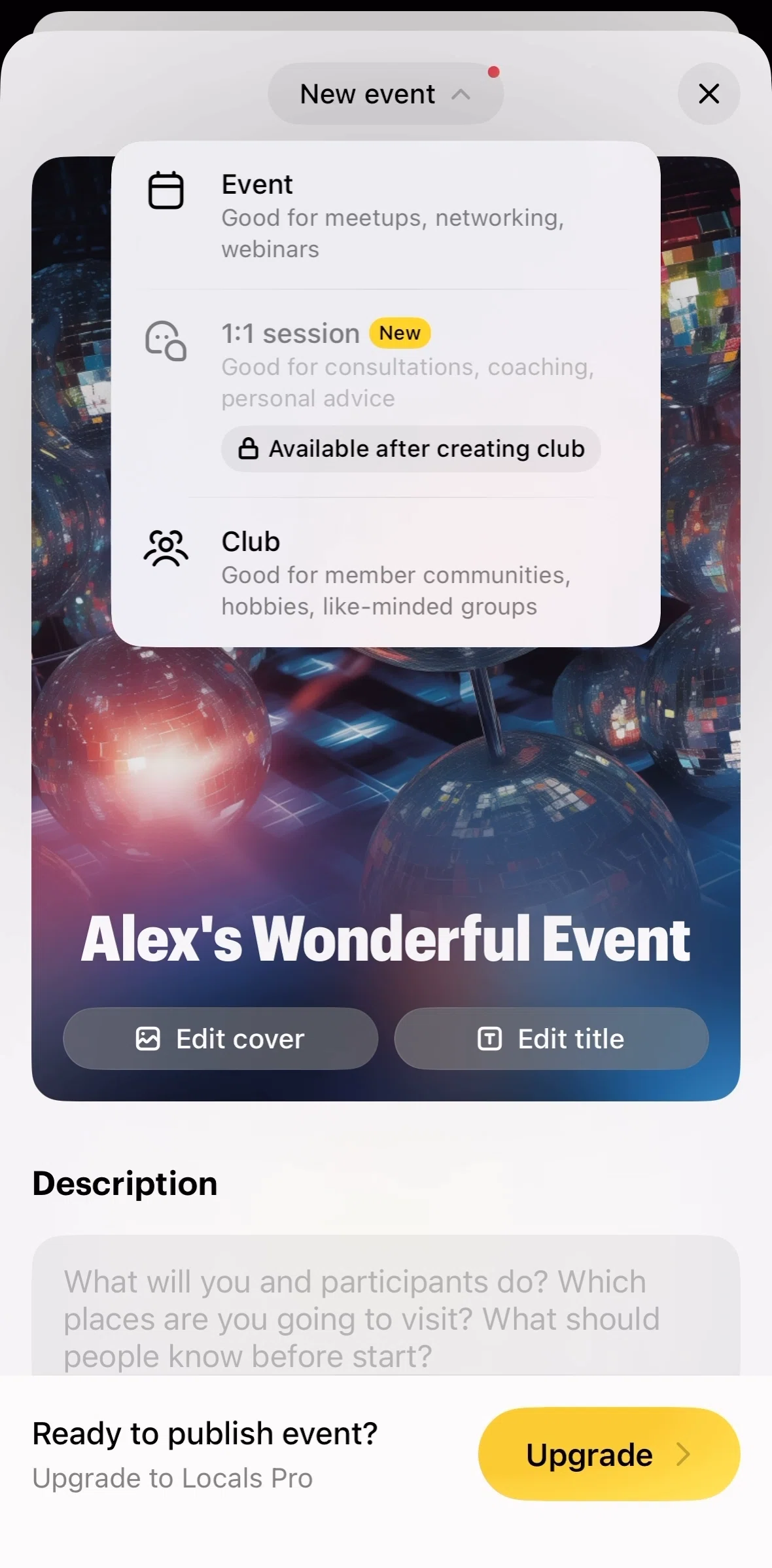 Locals Screen screen in the Creating a club flow