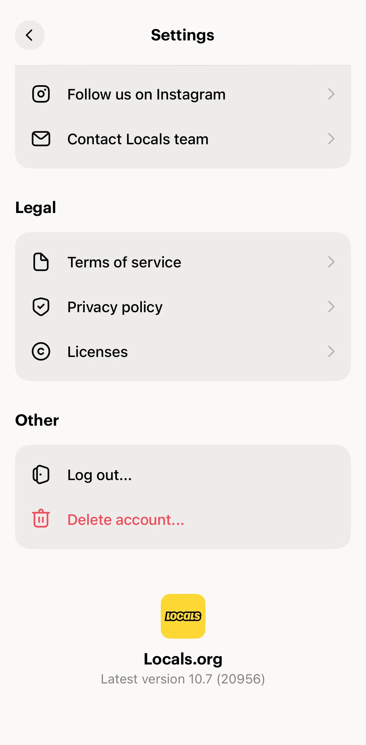 Locals Screen screen in the Deleting an account flow