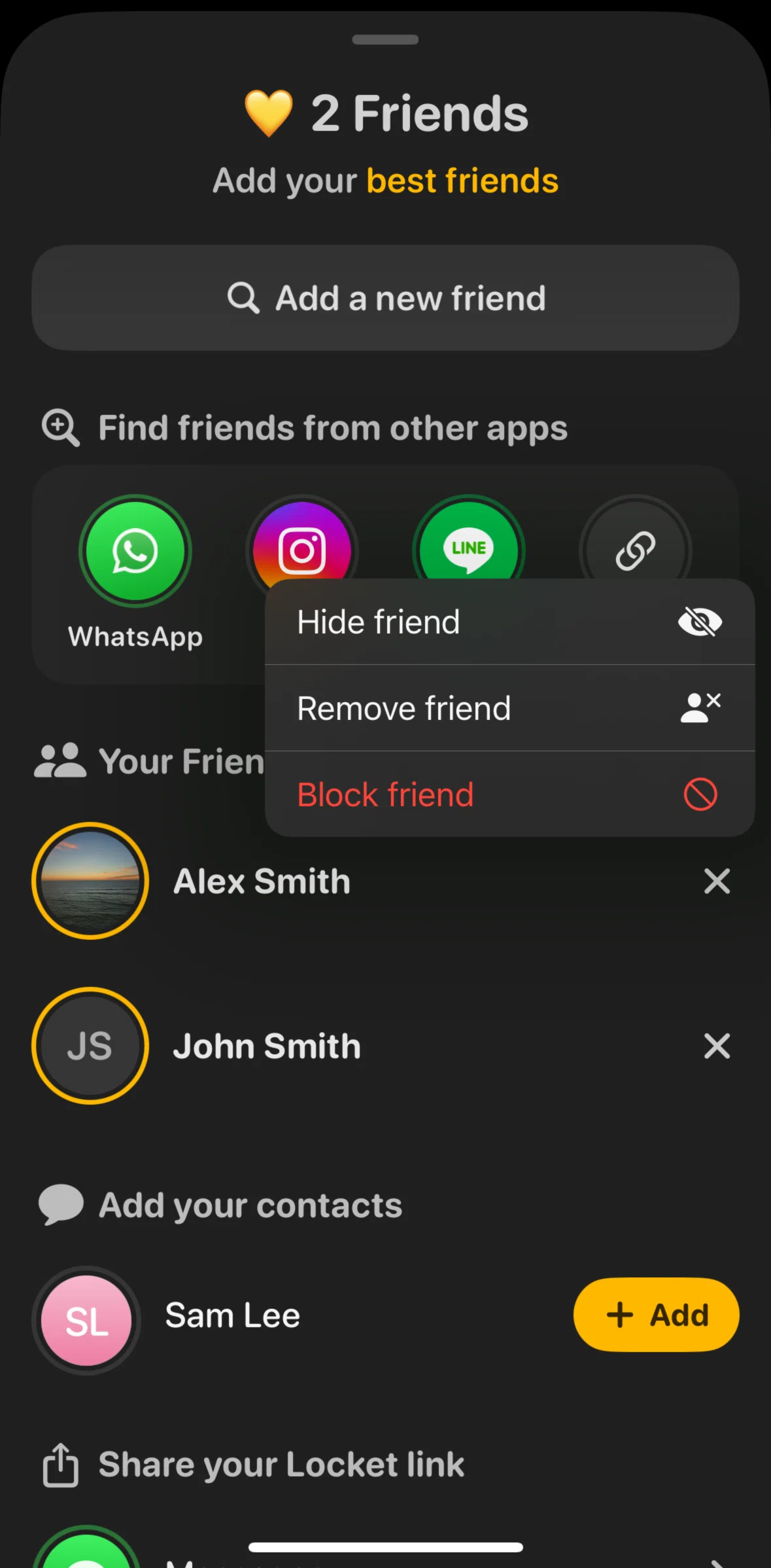 Locket Screen screen in the Removing a friend flow
