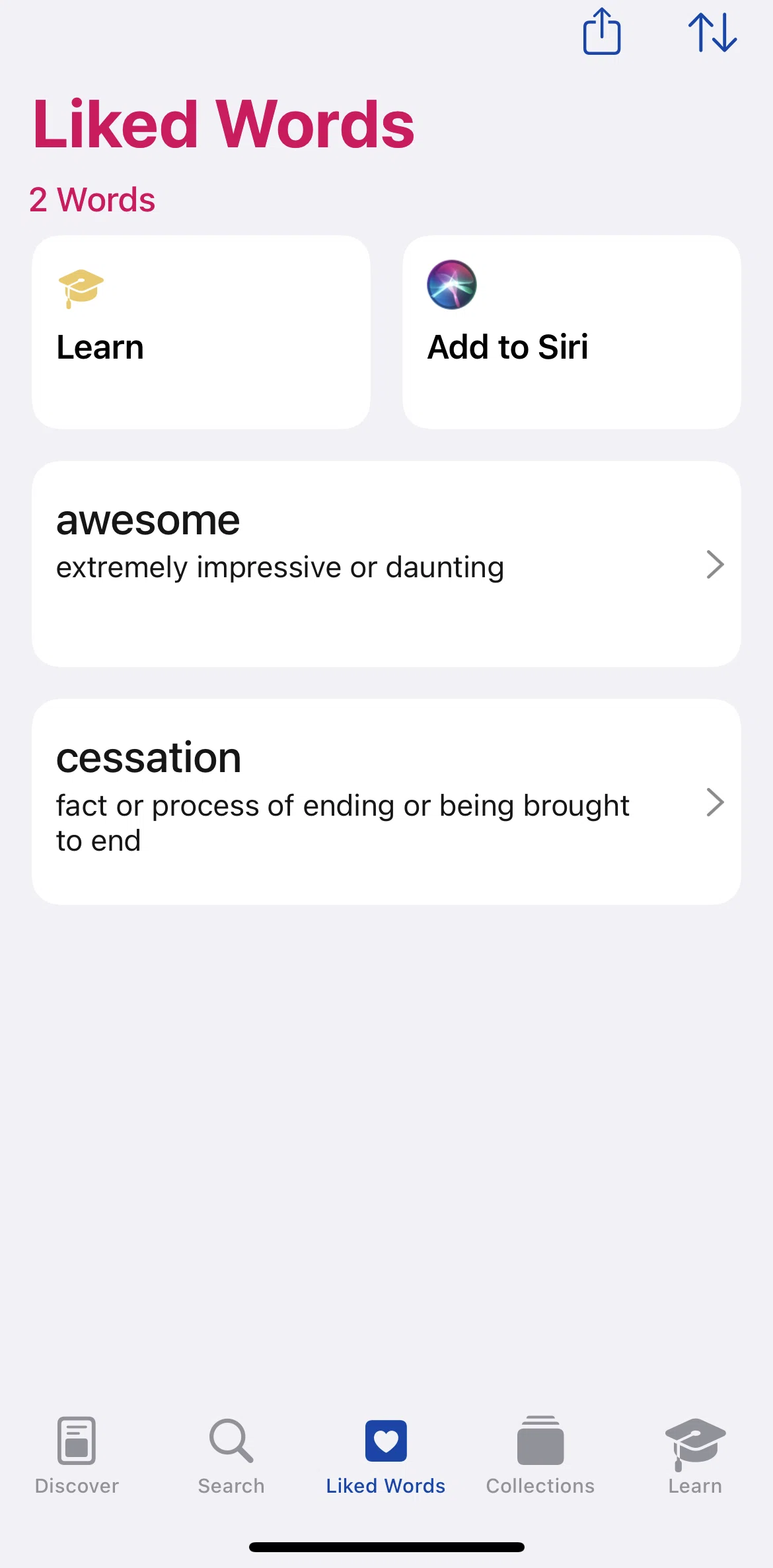 LookUp Screen screen in the Learning liked words flow