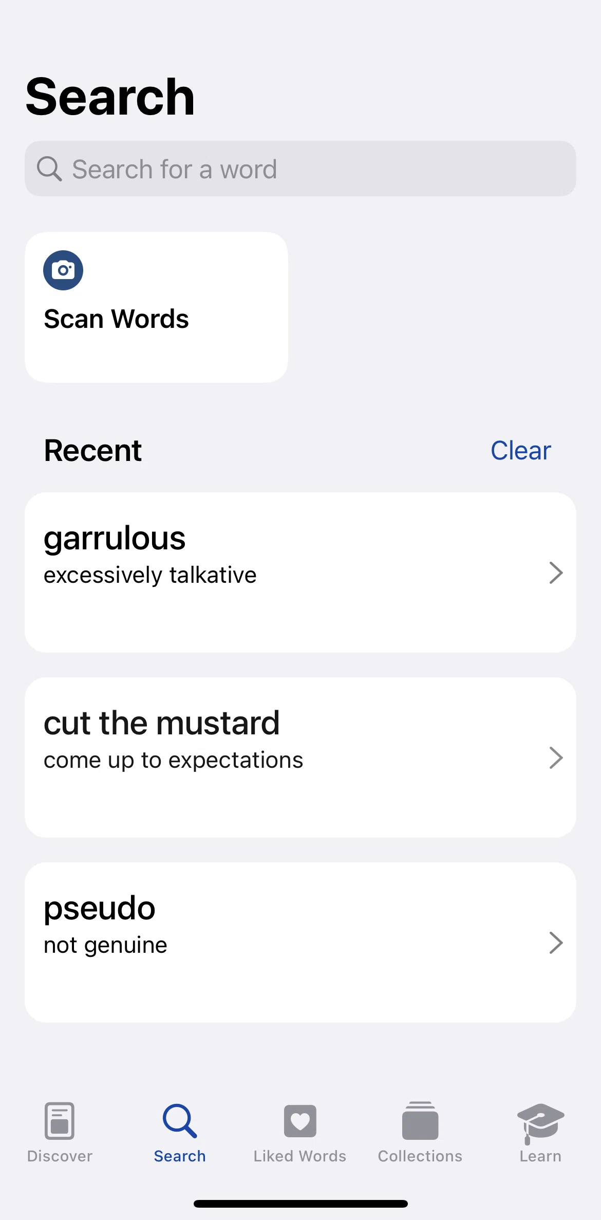 LookUp Screen screen in the Scanning words flow