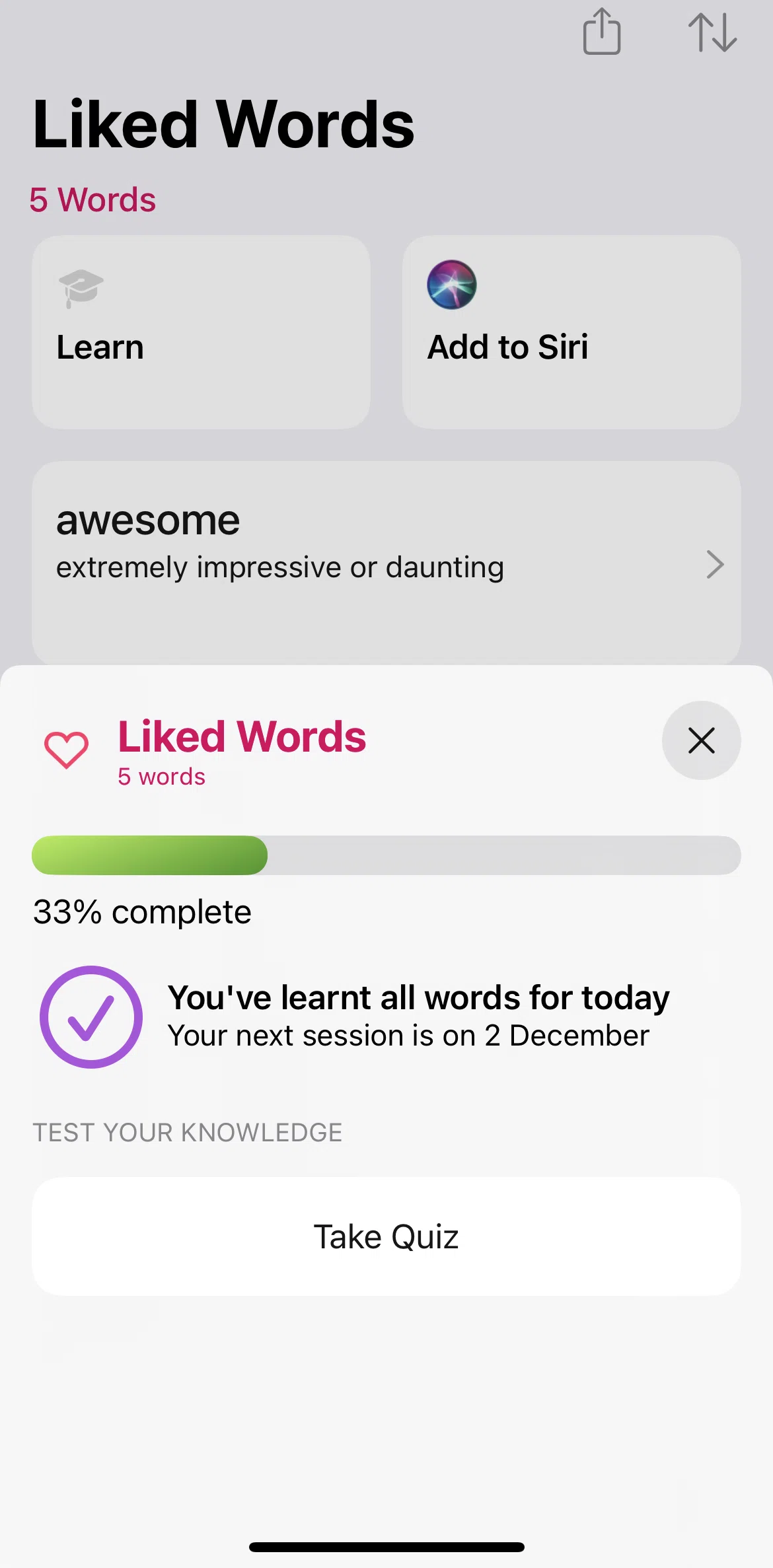 LookUp Screen screen in the Taking quiz on liked words flow