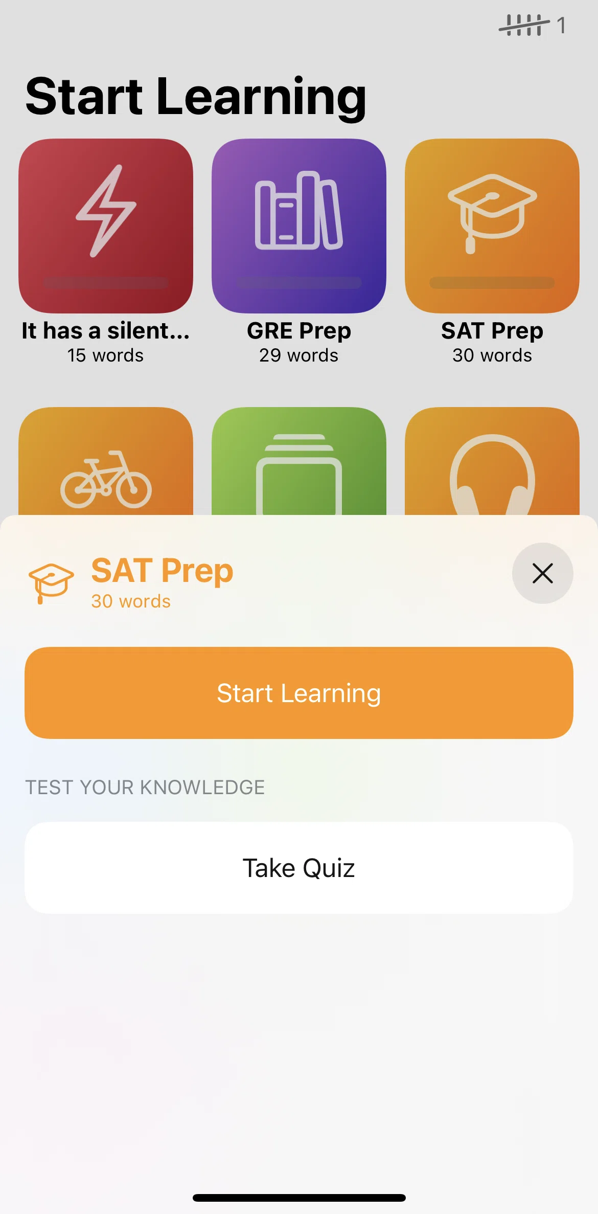 LookUp Screen screen in the Taking quiz on SAT Prep words flow