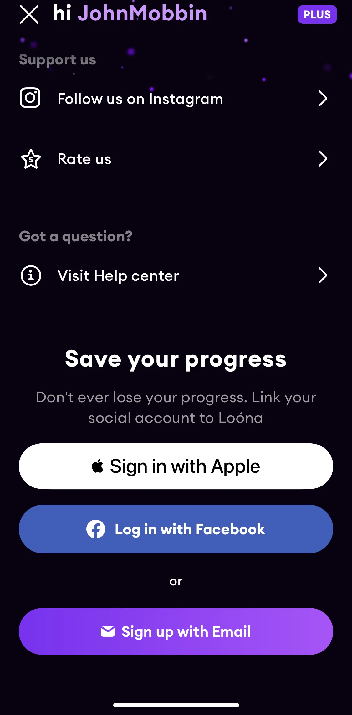 Loona Screen screen in the Creating an account flow