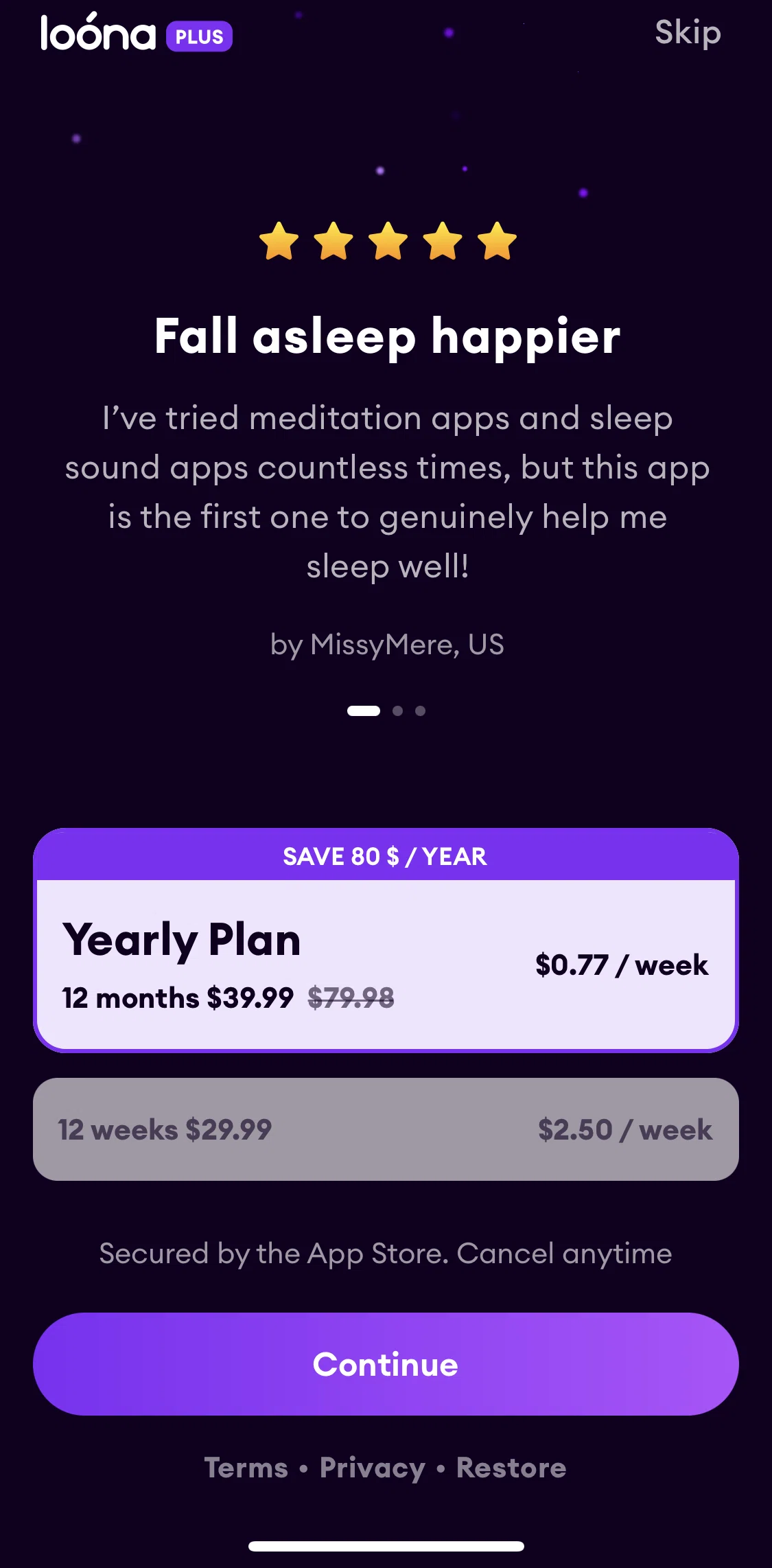 Loona Screen screen in the Subscribing to premium flow