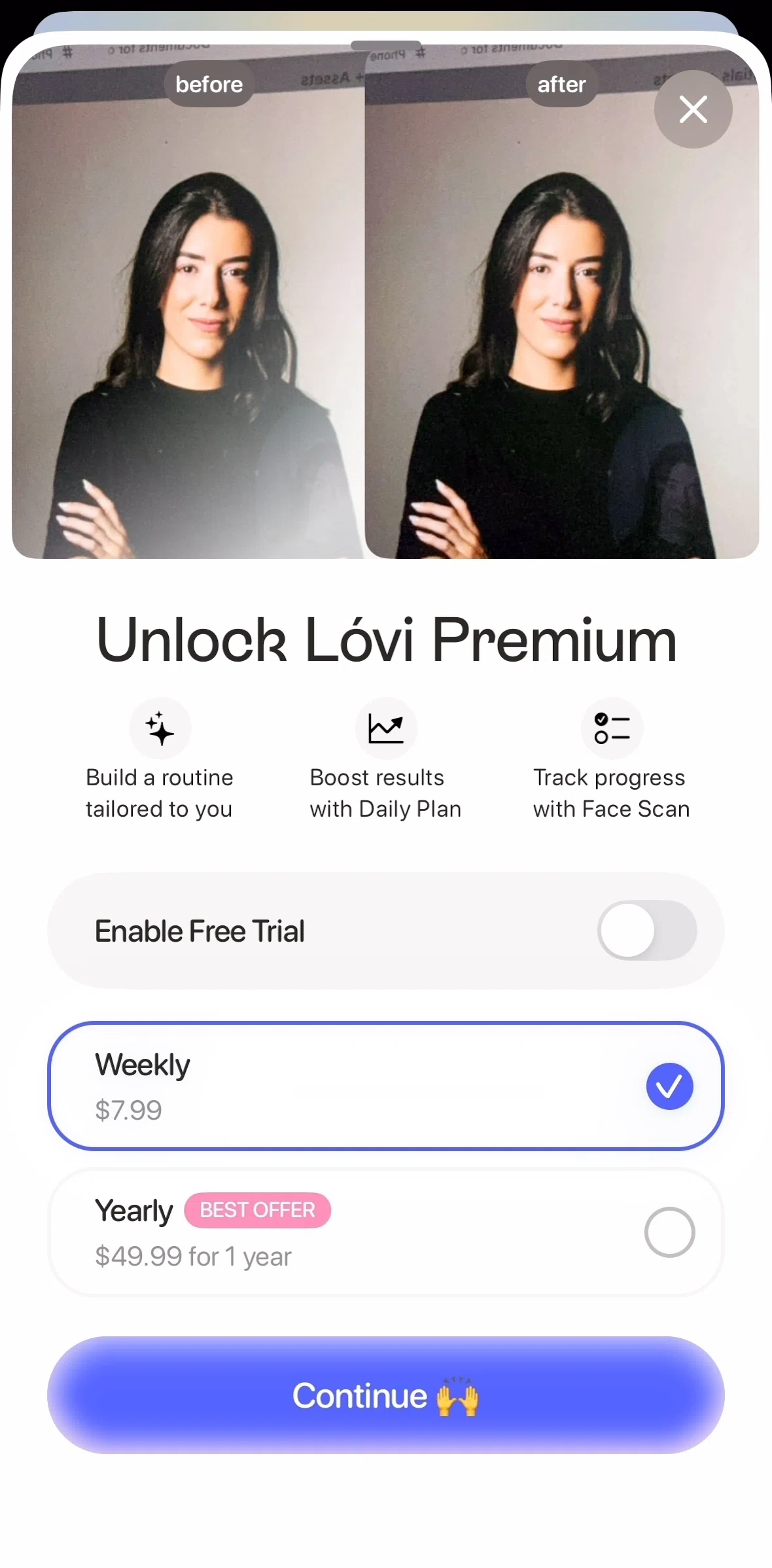 Lovi Screen screen in the Subscribing to Lovi Premium flow