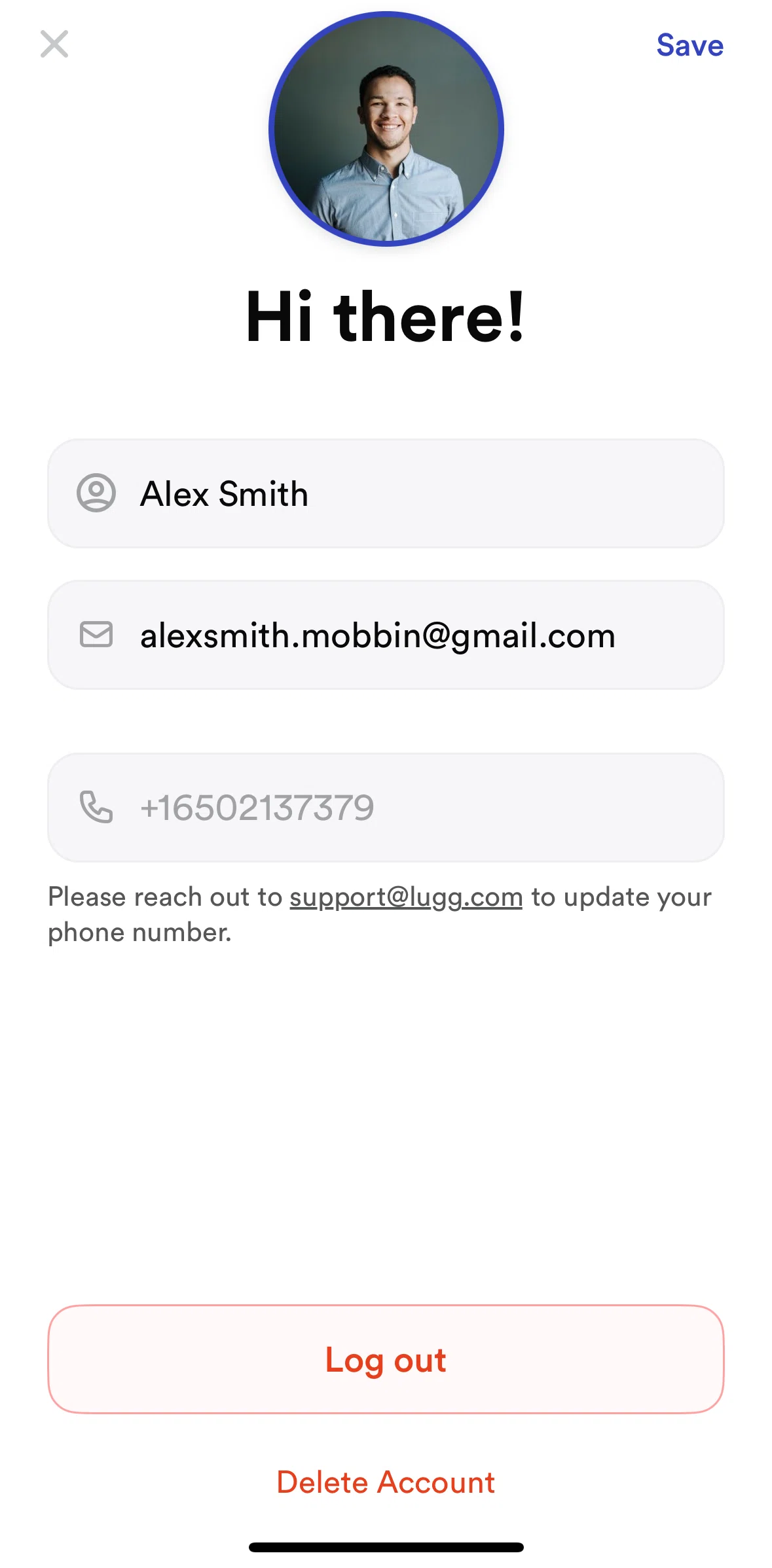 Lugg Screen screen in the Deleting an account flow