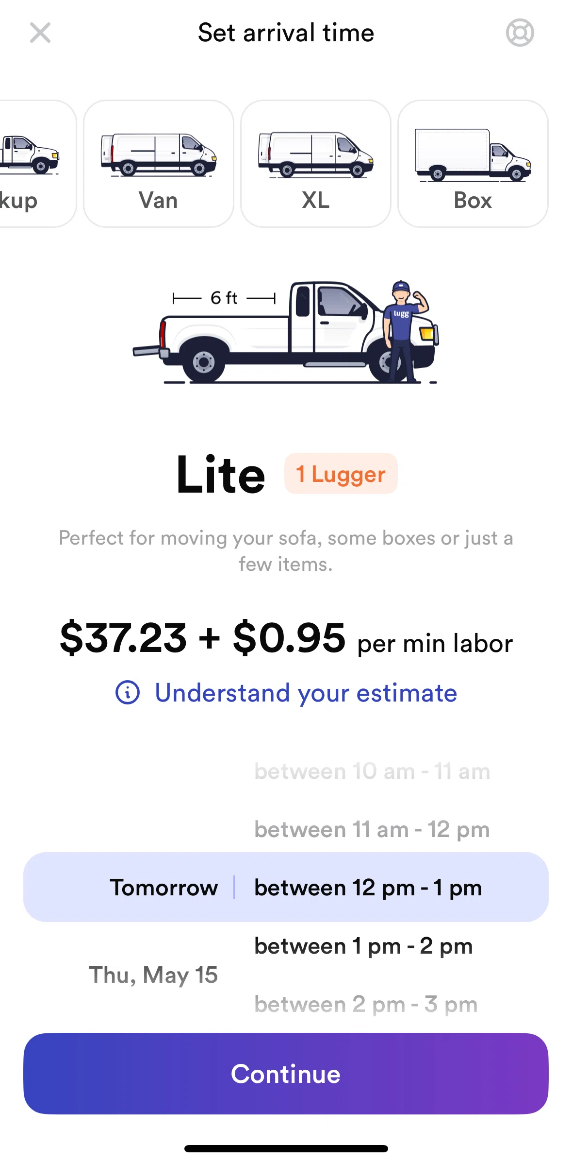 Lugg Screen screen in the Fee estimation flow