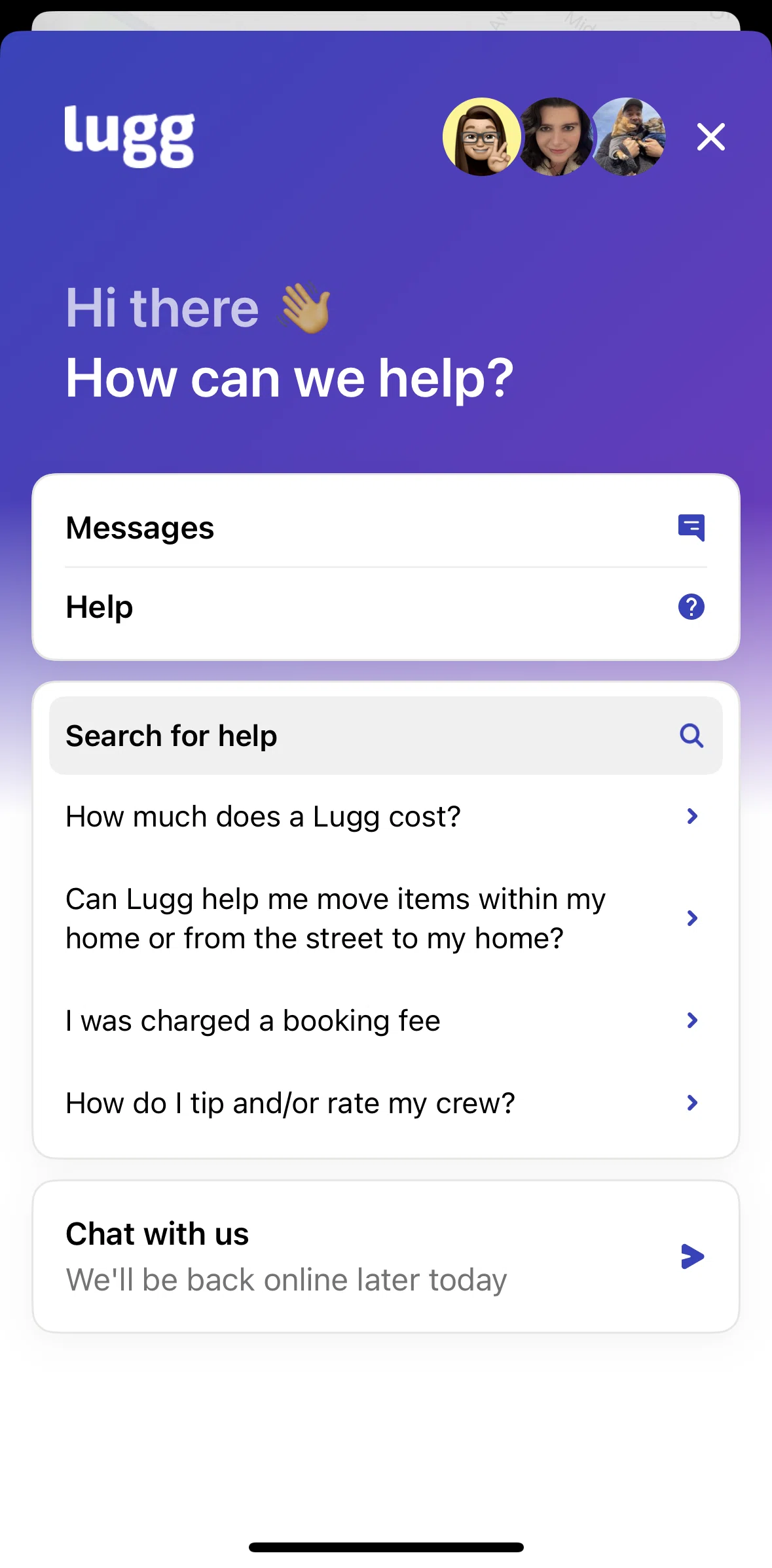 Lugg Screen screen in the Help flow
