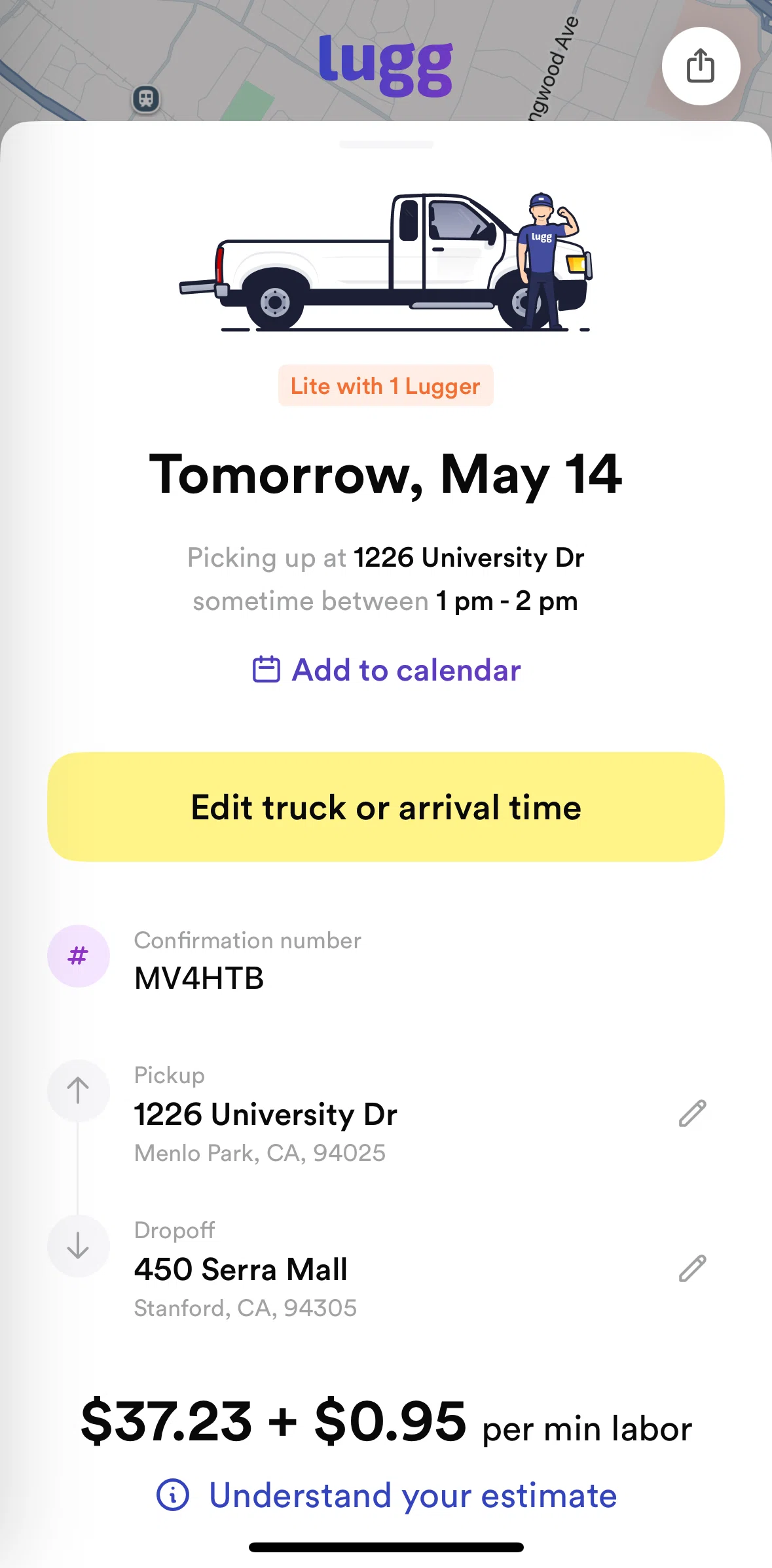 Lugg Screen screen in the Updating Lugg arrival time flow