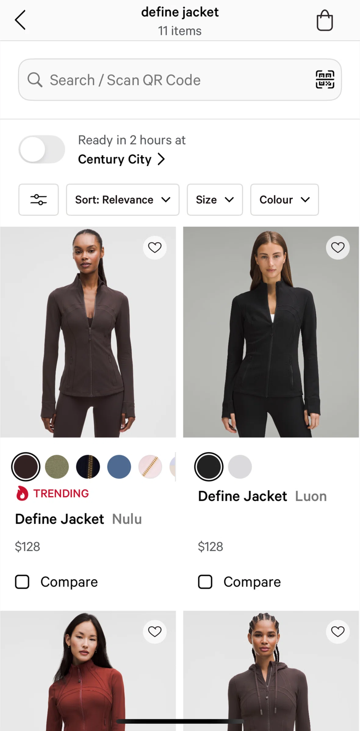 lululemon Screen screen in the Comparing products flow