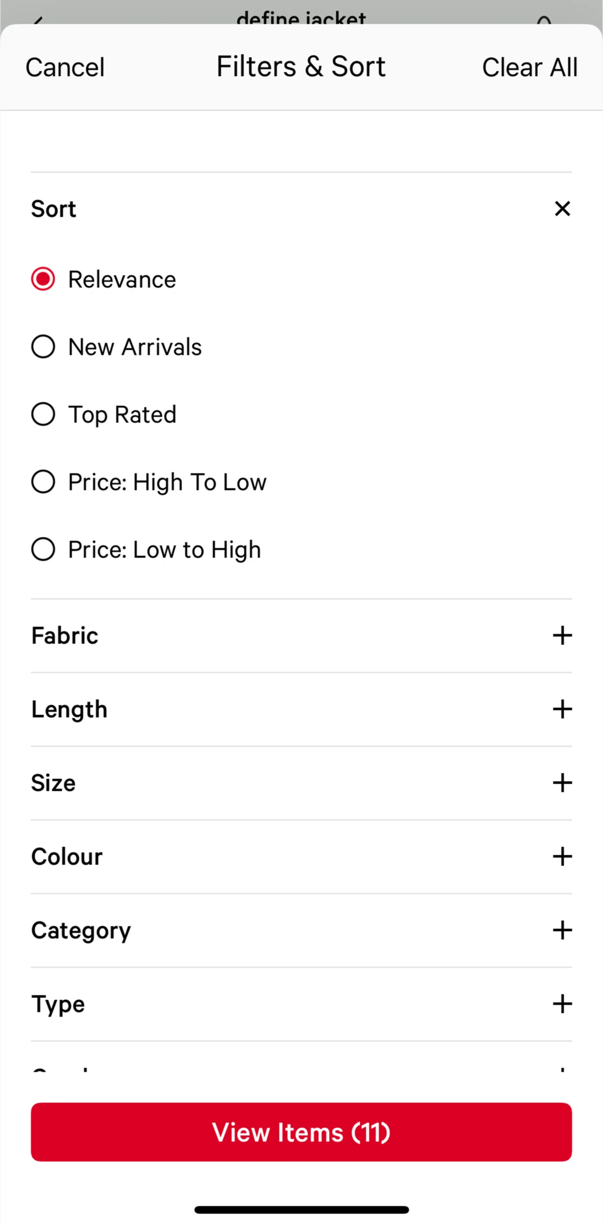 lululemon Screen screen in the Filtering products flow