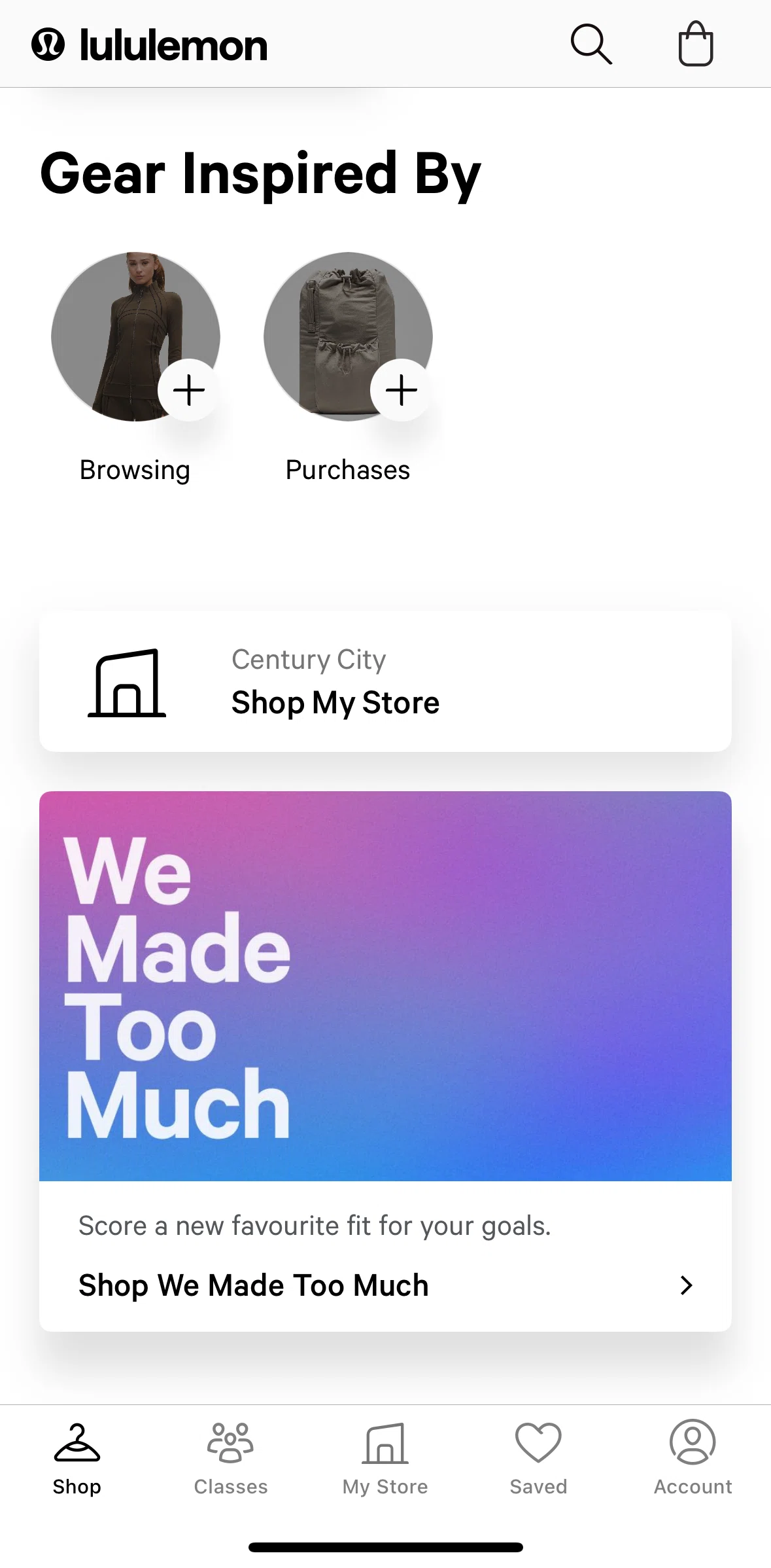 lululemon Screen screen in the From your browsing flow