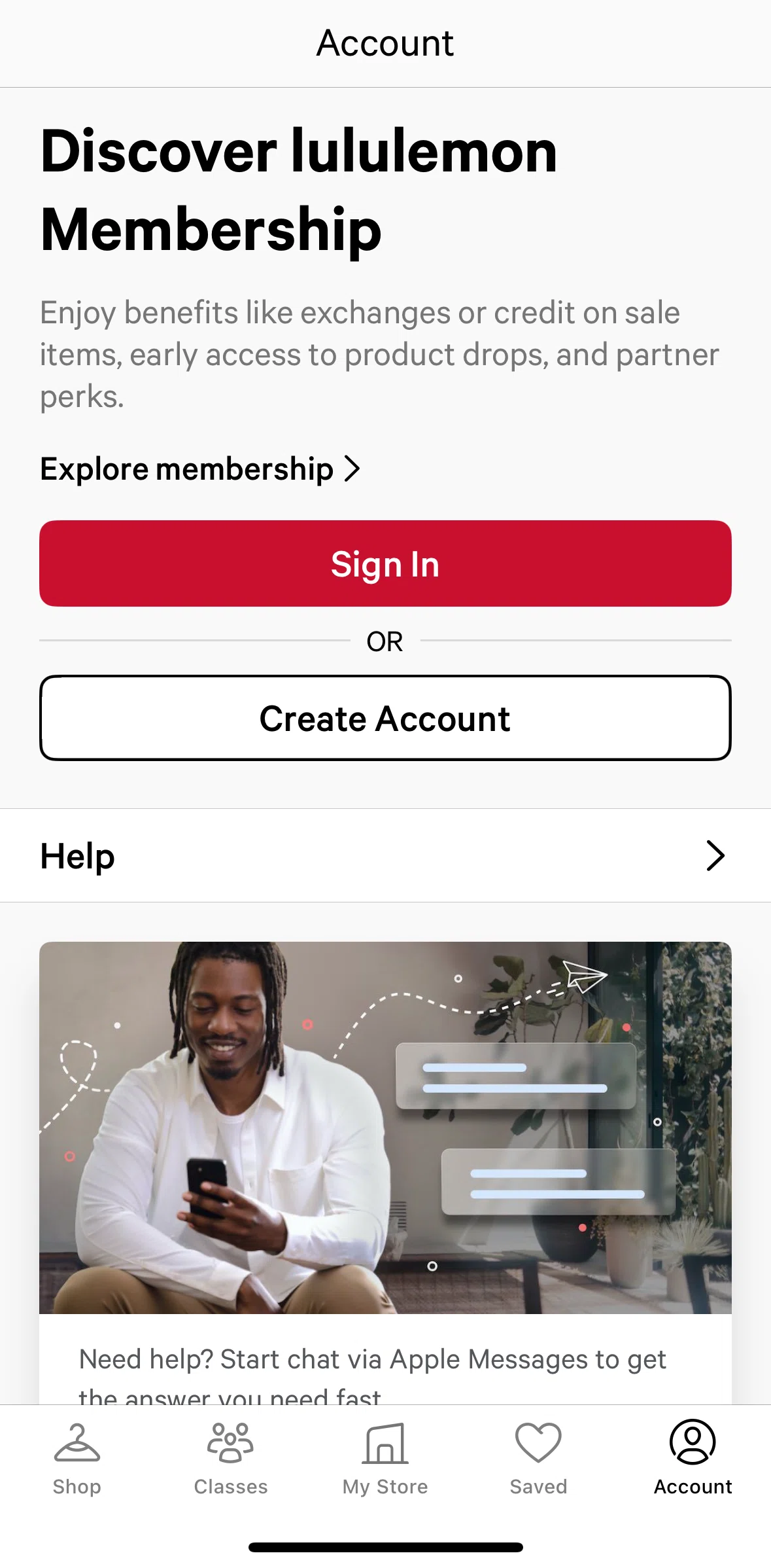 lululemon Screen screen in the lululemon membership flow