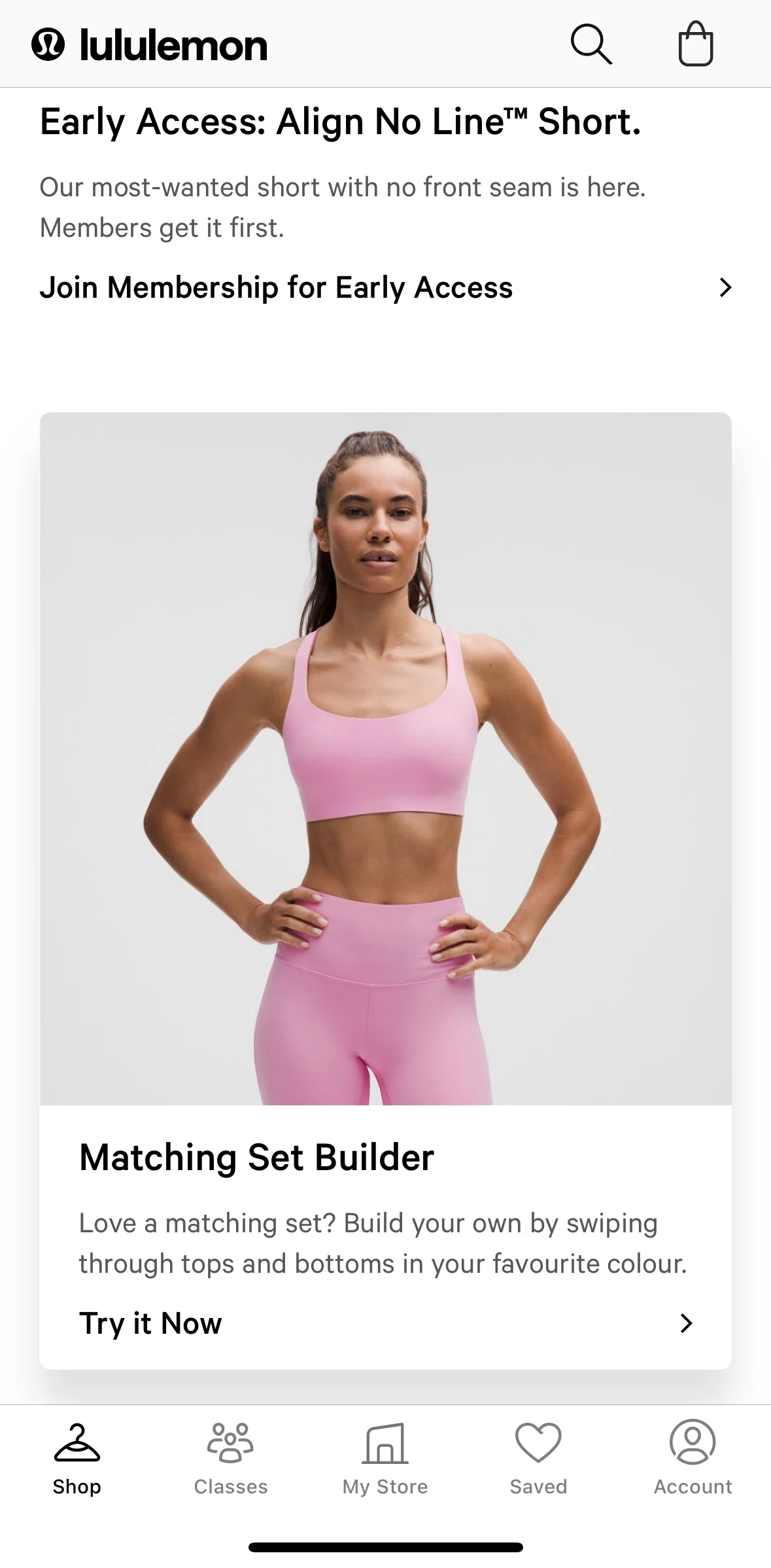 lululemon Screen screen in the Matching set builder flow