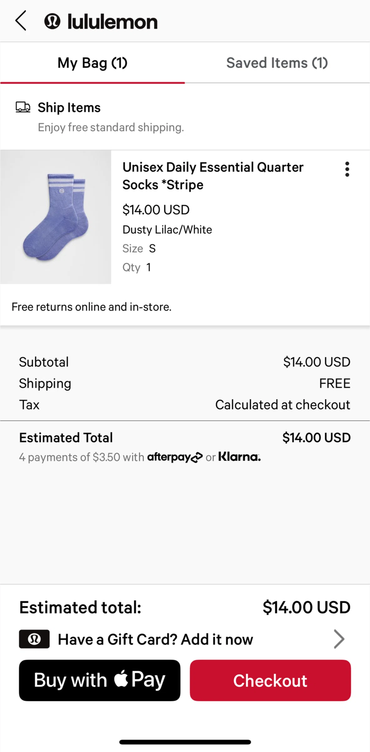 lululemon Screen screen in the Placing an order flow