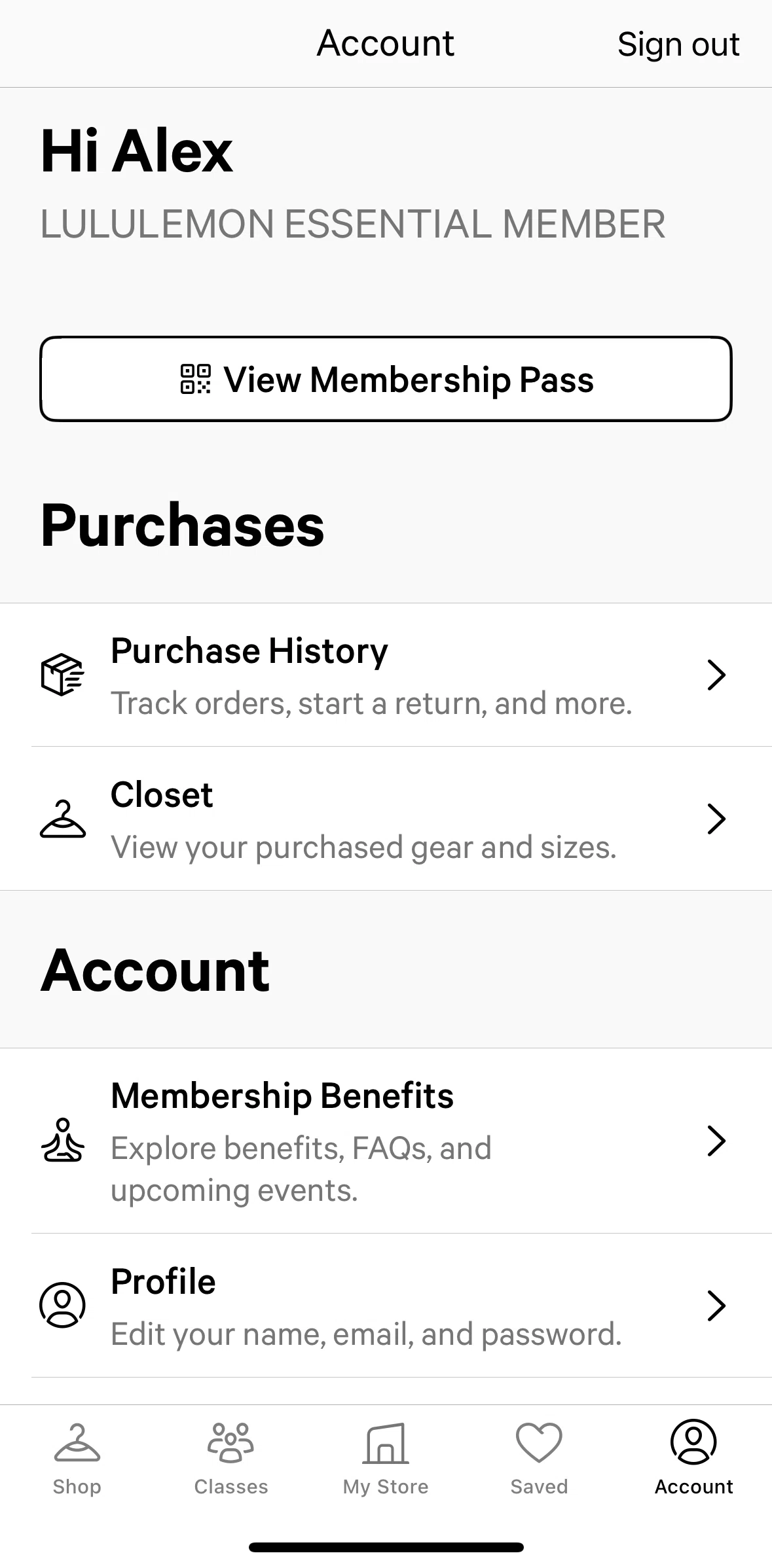 lululemon Screen screen in the Purchase history flow