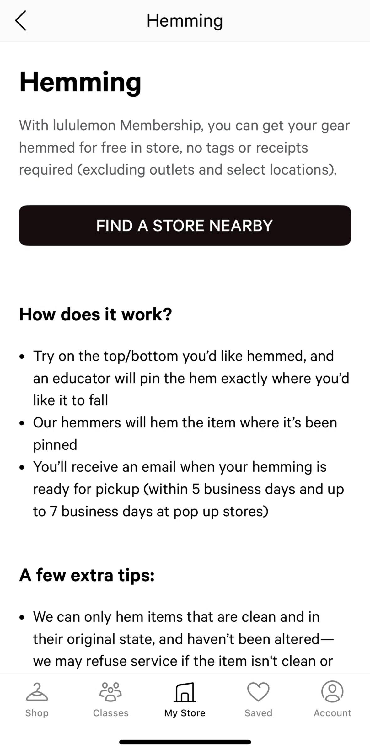 lululemon Screen screen in the Searching a store flow