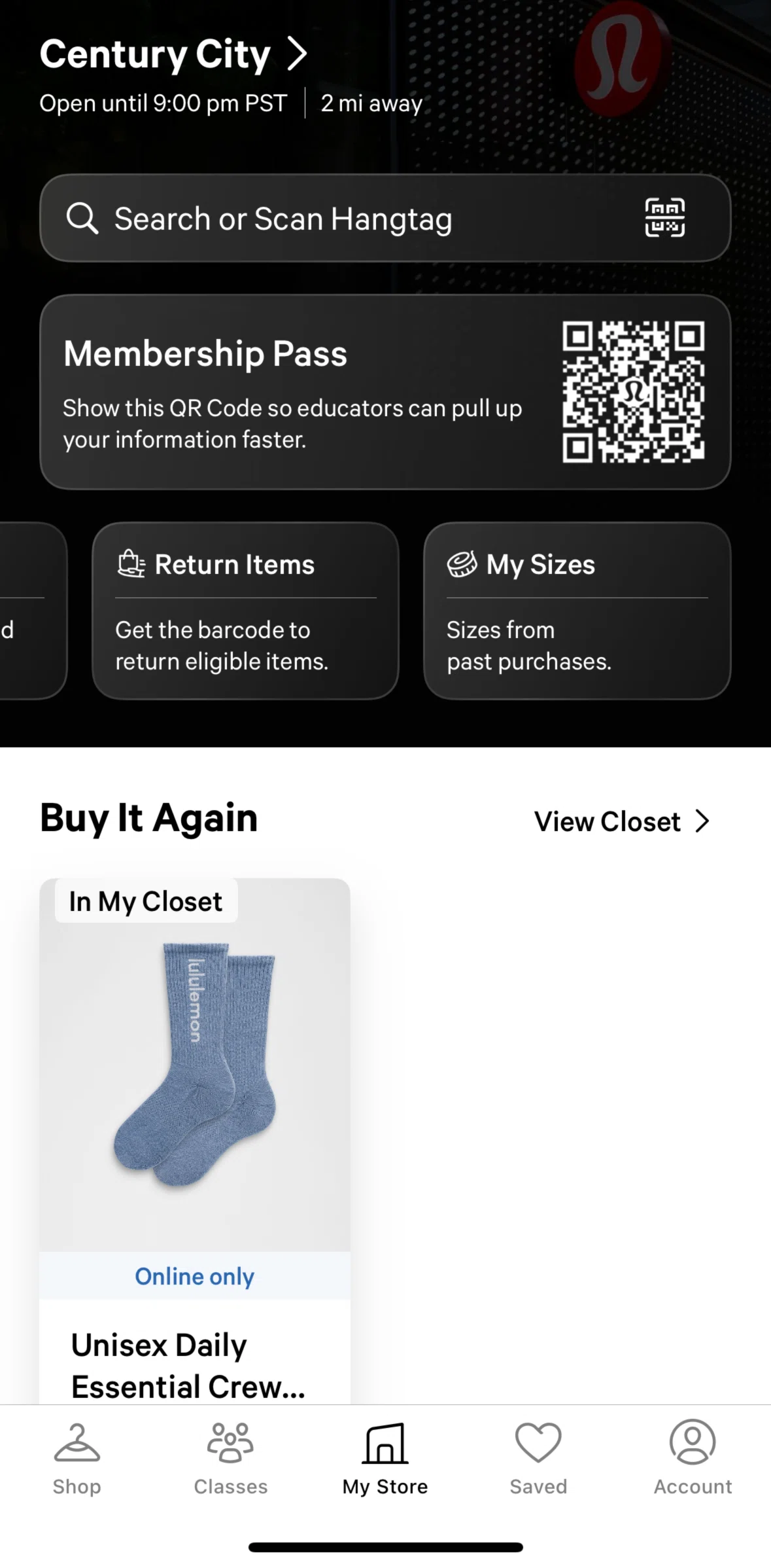 lululemon Screen screen in the Sizes flow