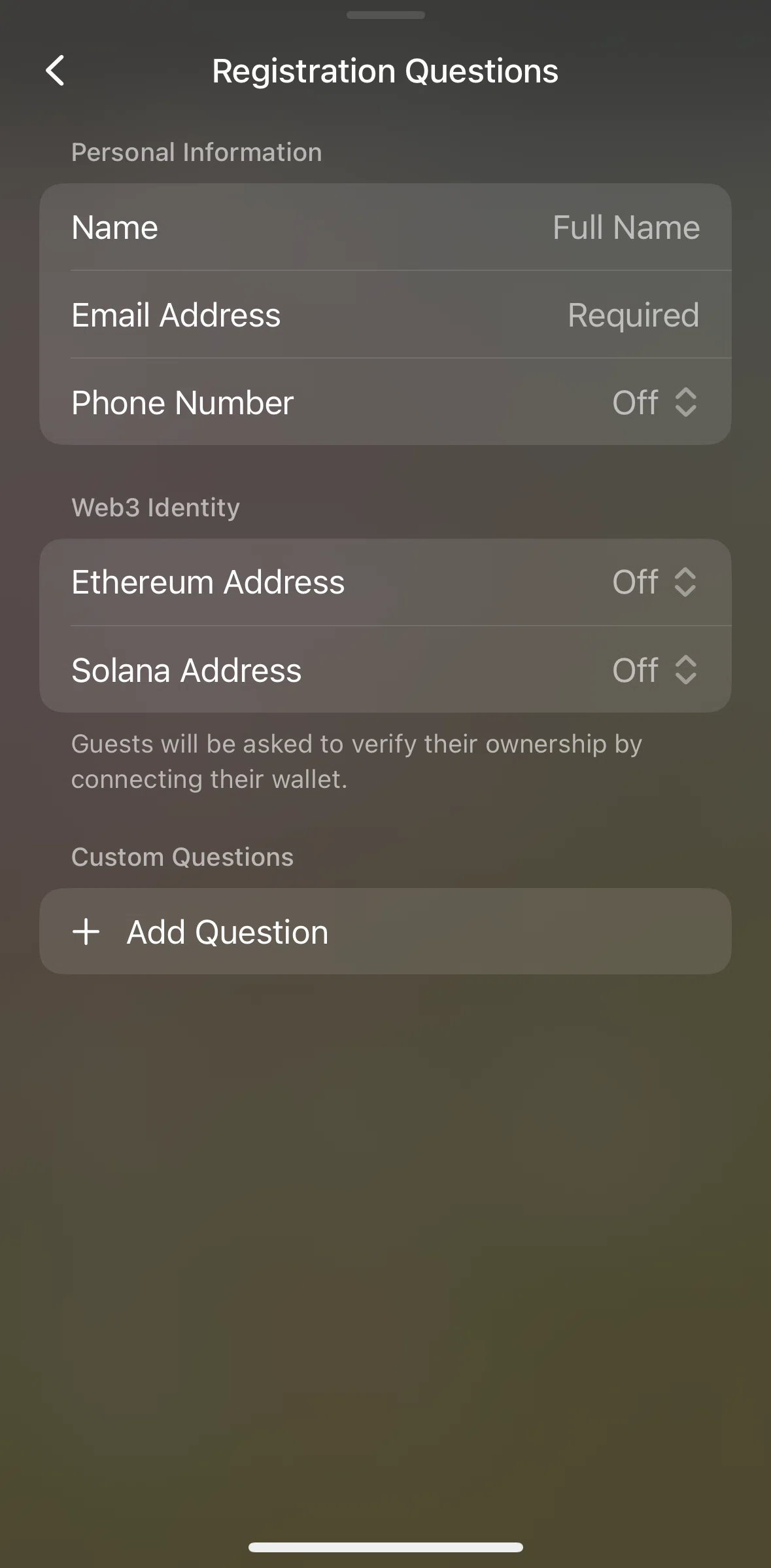 Luma Screen screen in the Adding a registration question (terms) flow