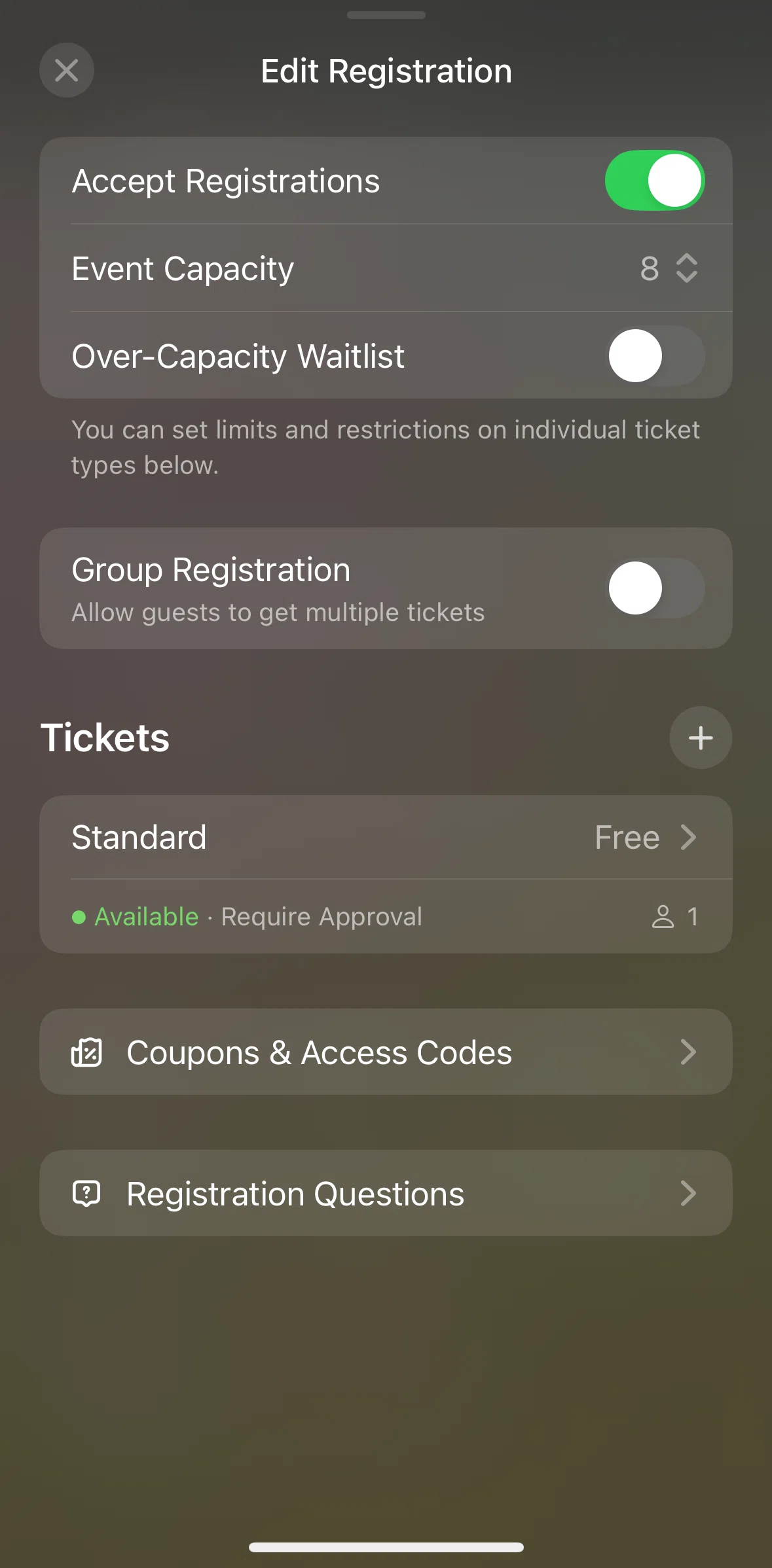 Luma Screen screen in the Registration questions flow