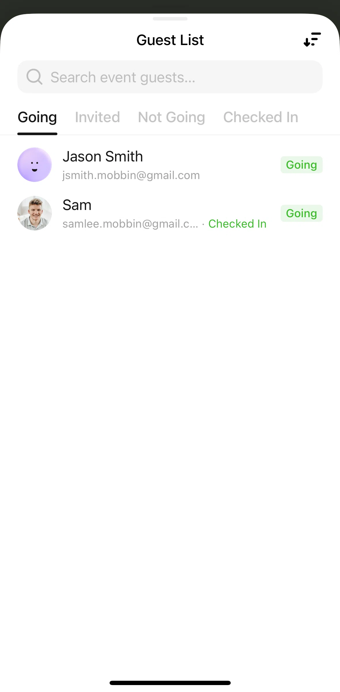 Luma Screen screen in the Sorting guest list flow
