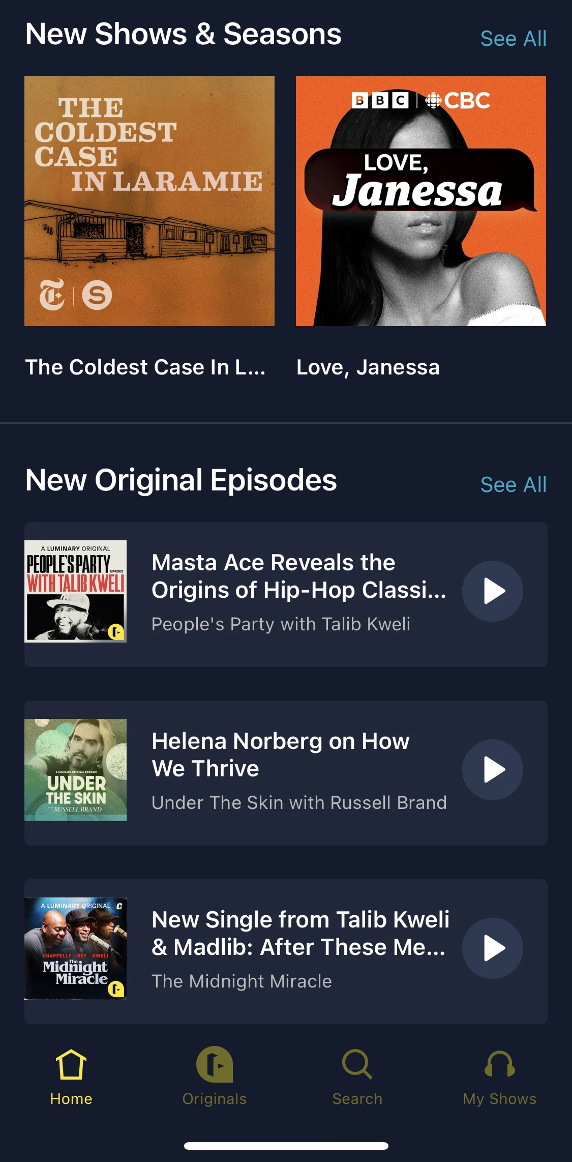 Luminary Screen screen in the New shows & seasons flow
