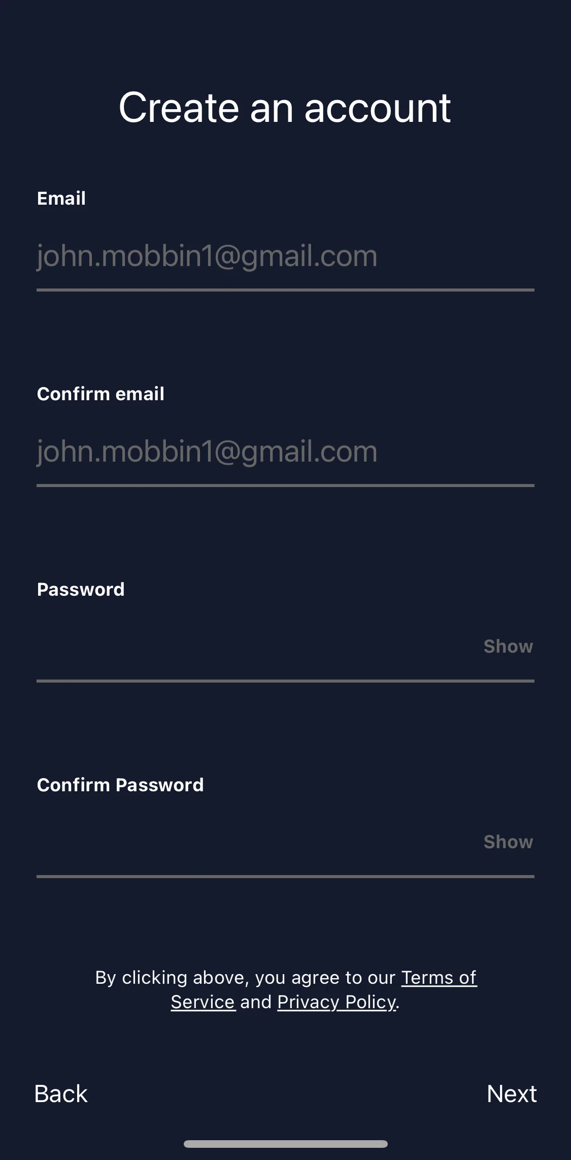 Luminary Screen screen in the Terms of service flow