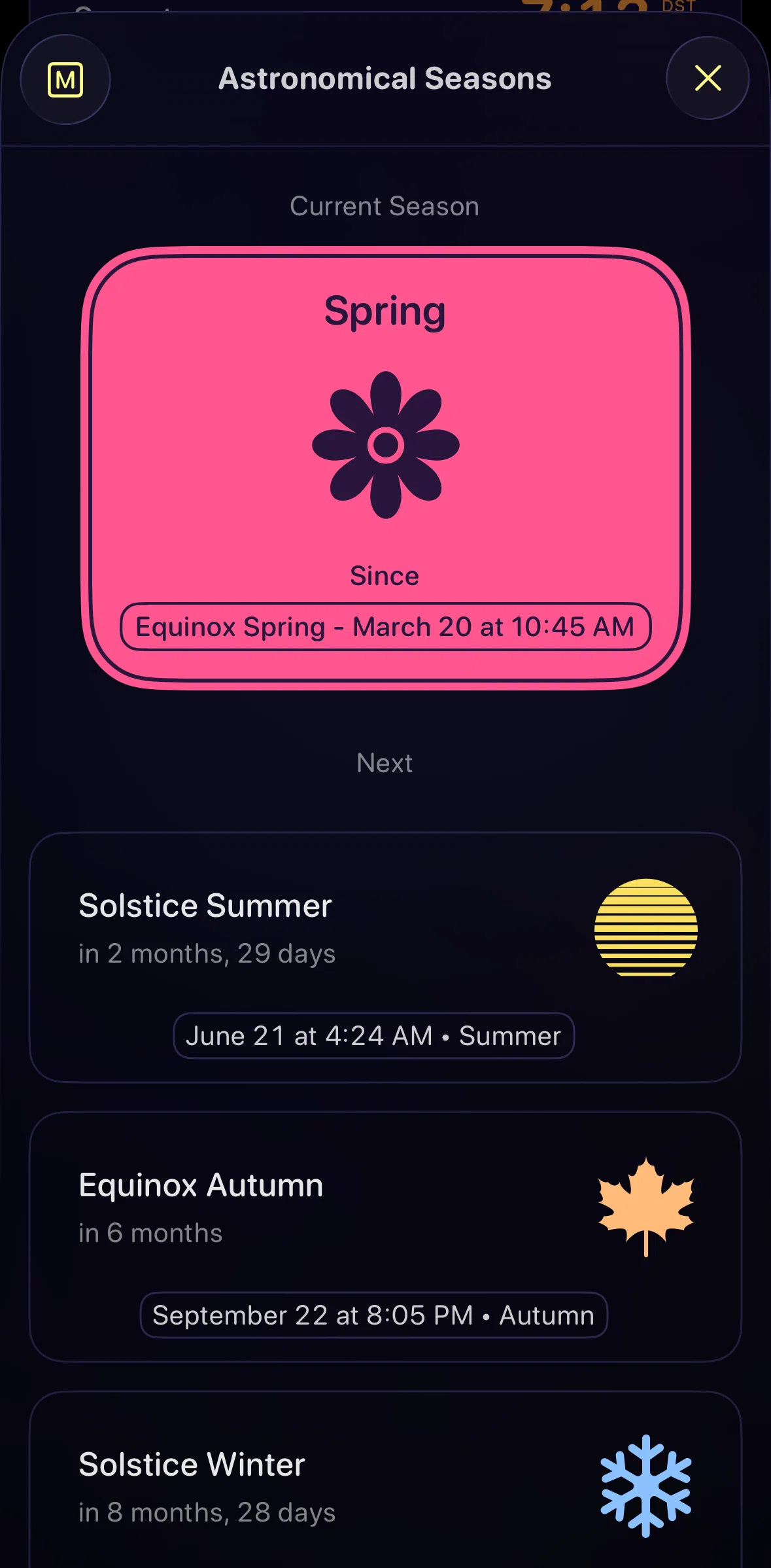 Lumy Screen screen in the Switching to meteorological seasons flow