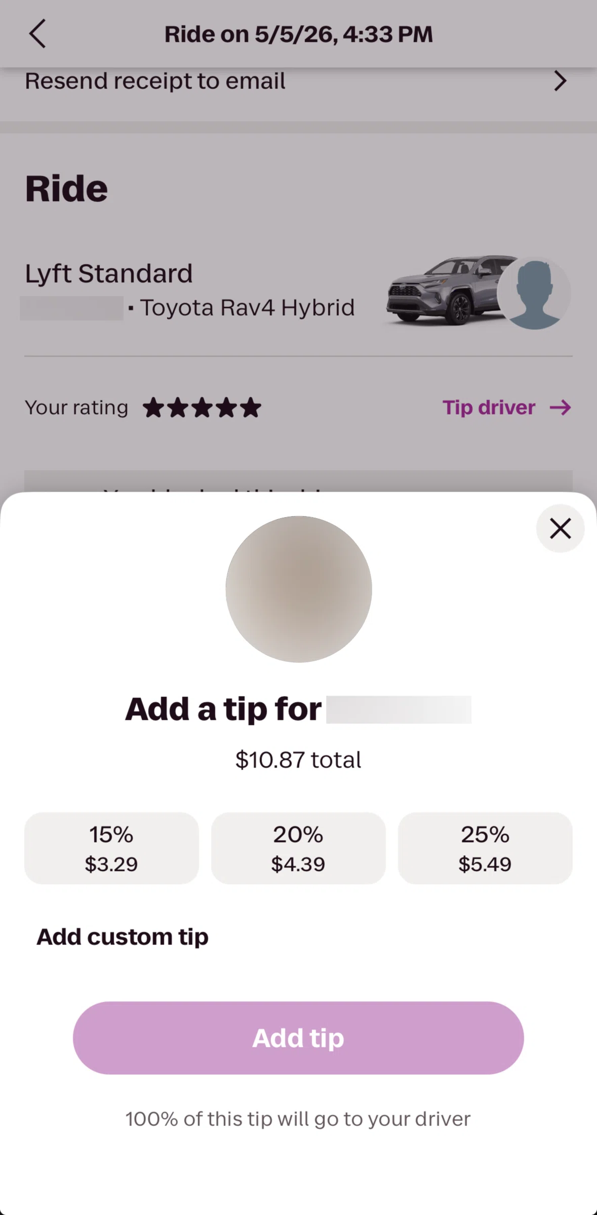 Lyft Screen screen in the Adding a custom tip flow