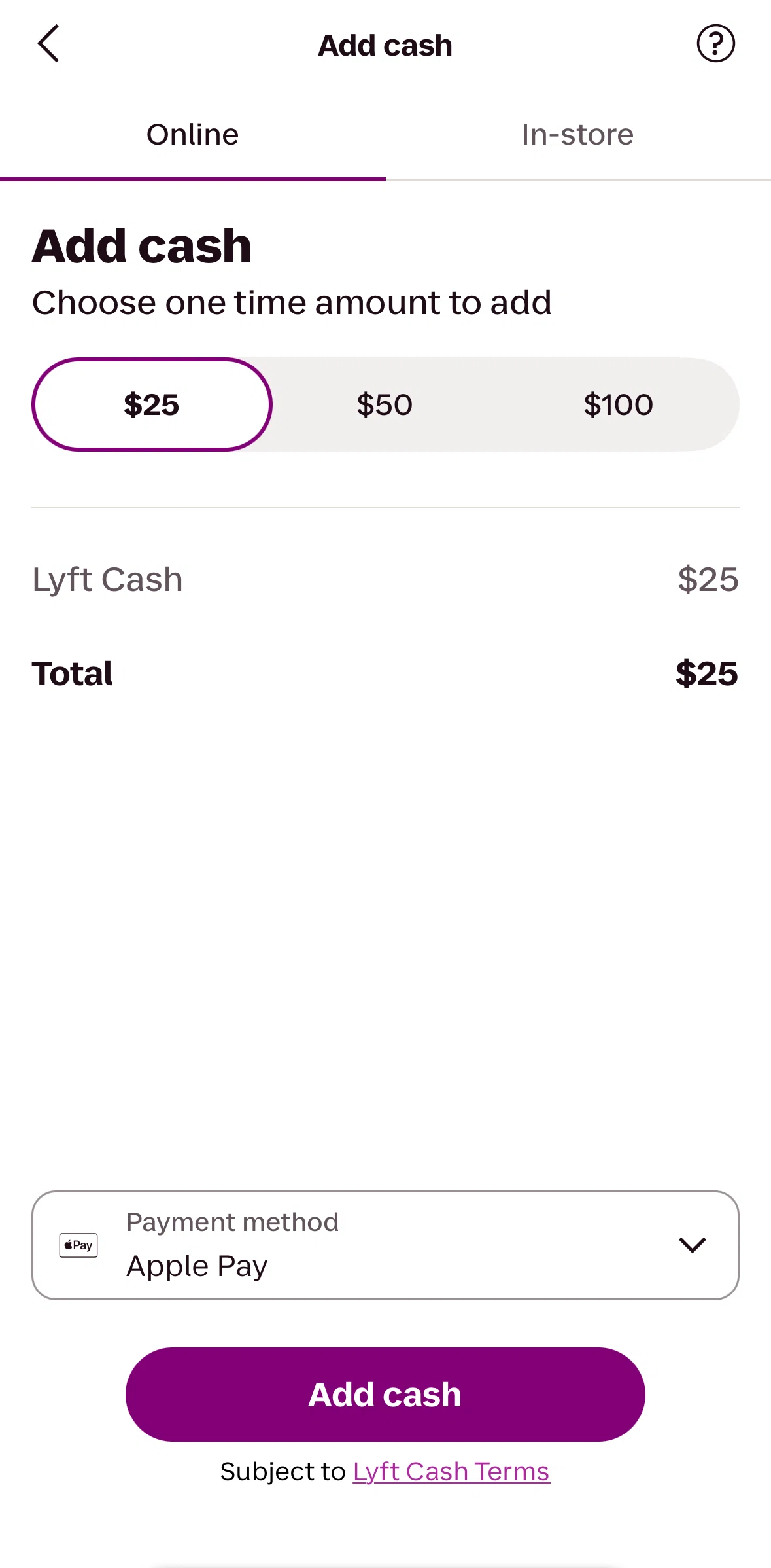 Lyft Screen screen in the Adding a payment method flow