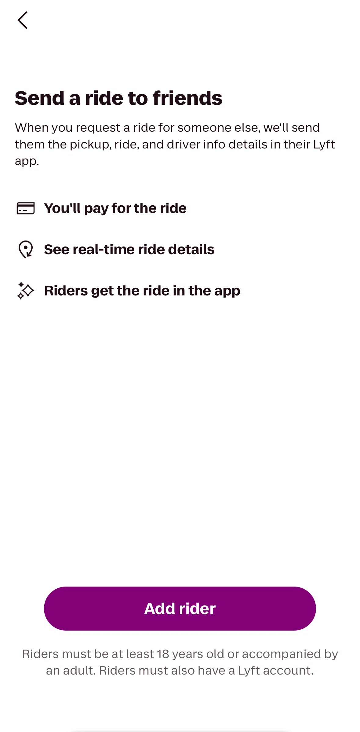 Lyft Screen screen in the Adding a rider flow