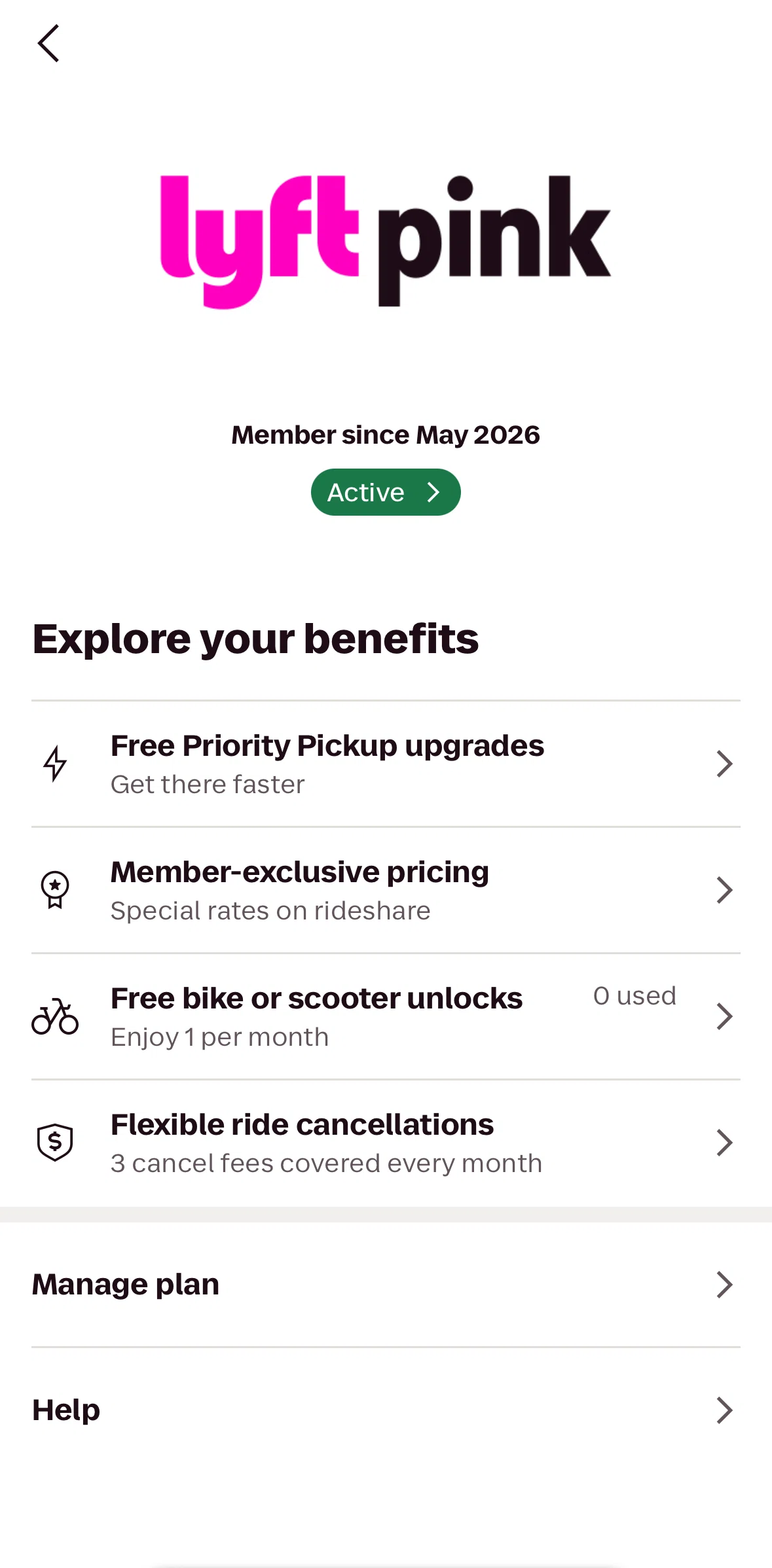 Lyft Screen screen in the Benefit detail (free upgrades) flow