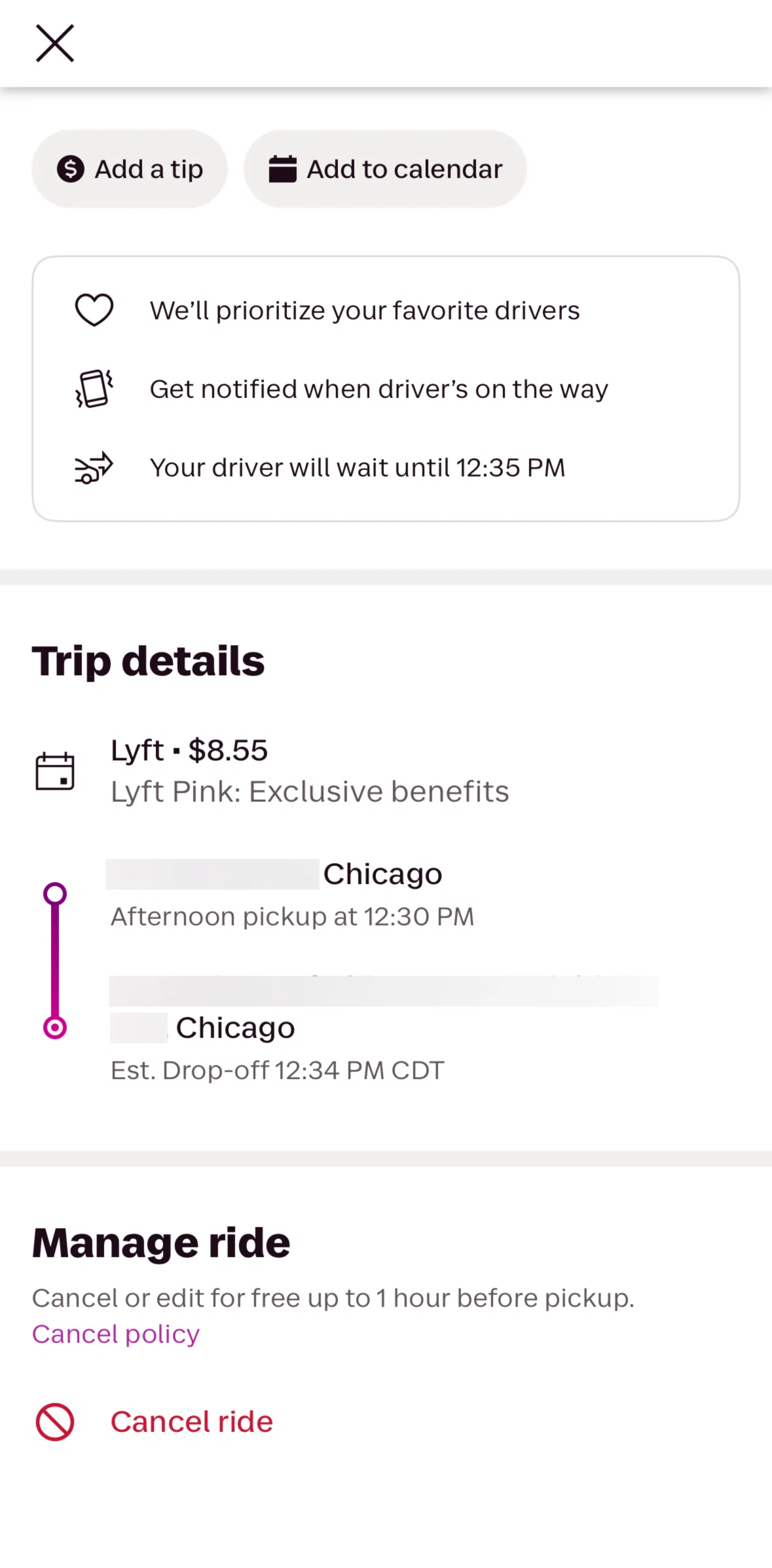Lyft Screen screen in the Canceling a scheduled ride flow