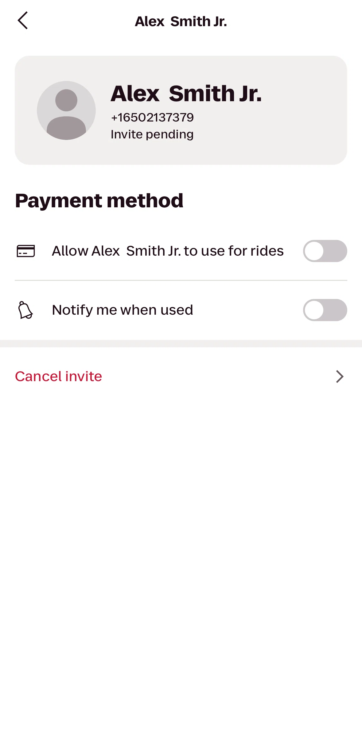 Lyft Screen screen in the Canceling an invitation flow